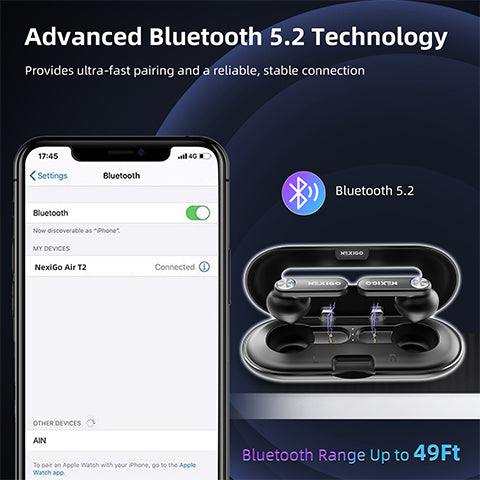 The T2 earphones connect to the phone via Bluetooth 5.2 within 49ft for a fast, stable connection. 