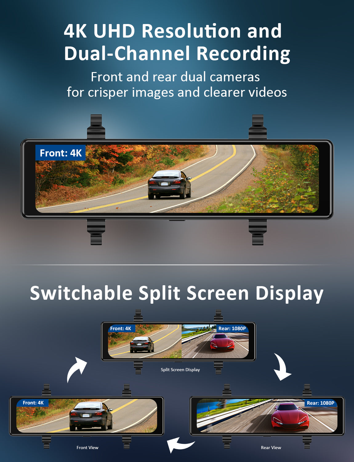 10'' Smart Rear View Mirror Camera For Car,2160p Dual Dash Cameras