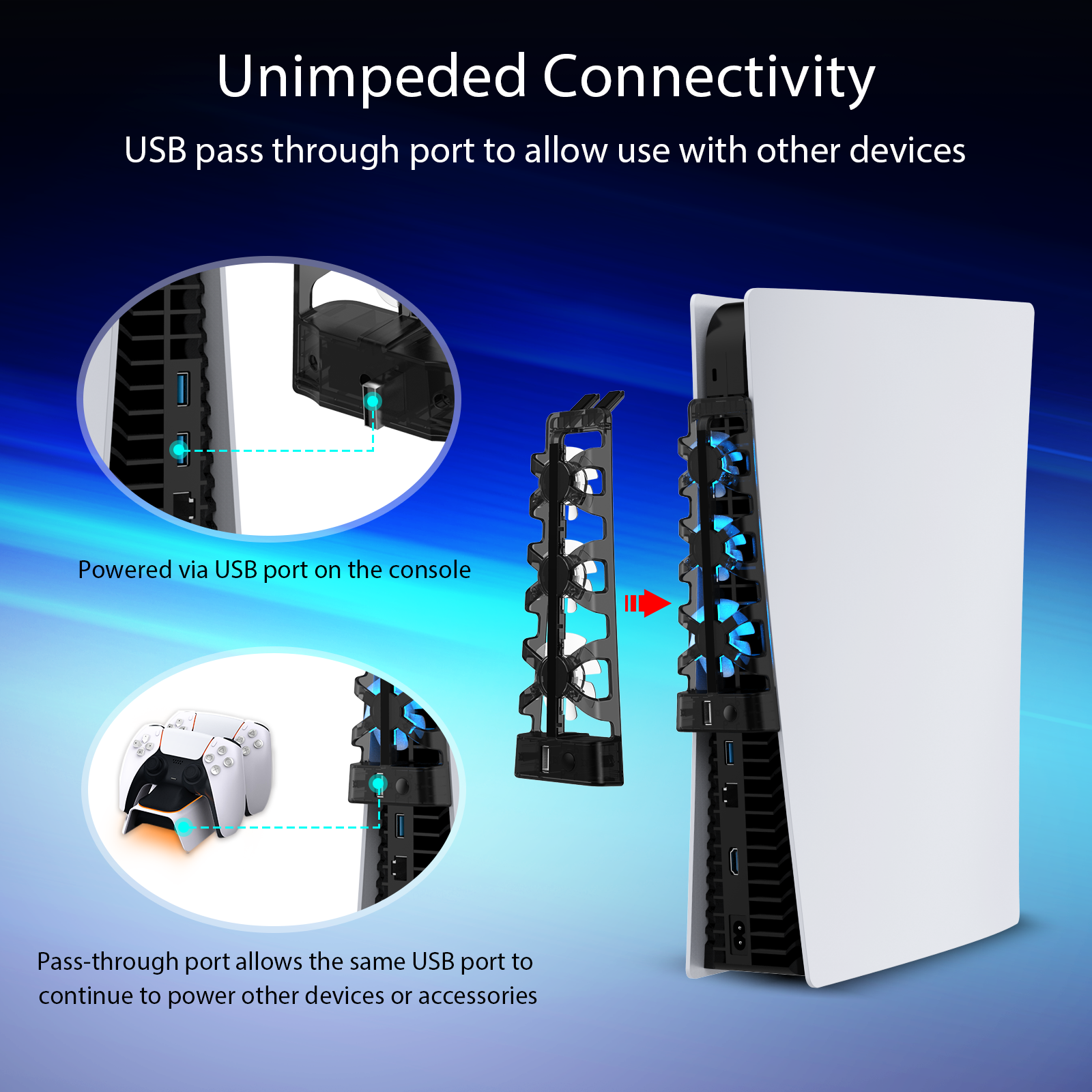 Cooling fan powered by the console. USB pass-through port on top allows charging of other devices.