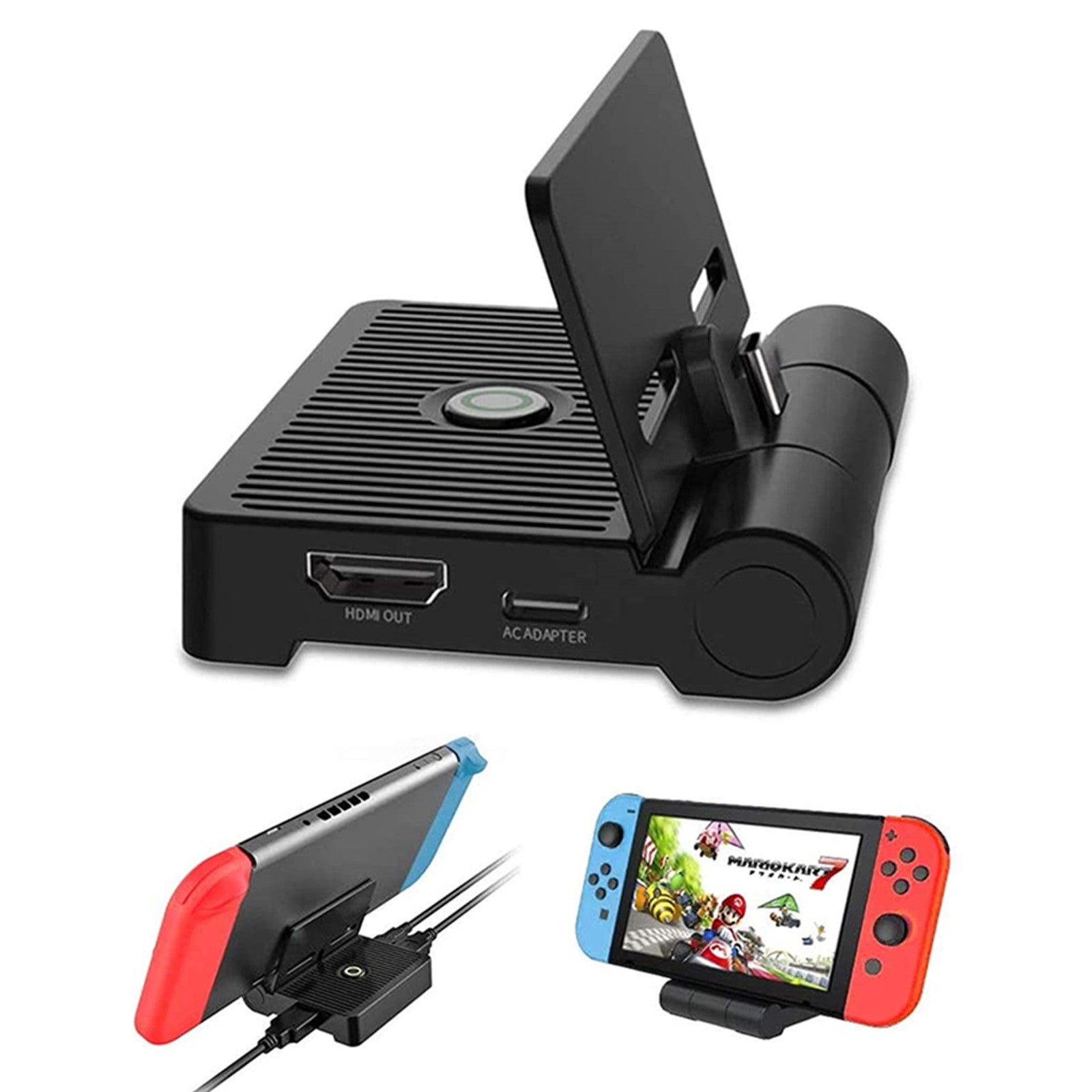 The portable charging station (Black) features a button, HDMI TV port, and AC adapter port.