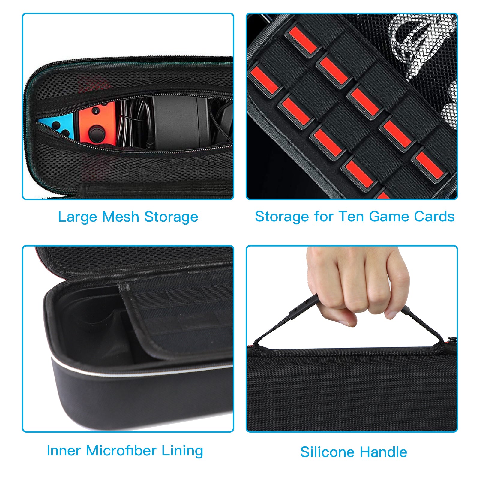 The case features a large mesh storage, inner microfiber lining, a handle, and game cards slot.