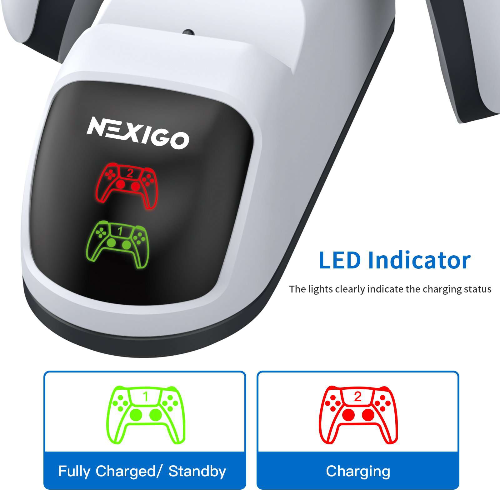 PS5 controller charging station with dual LED indicators: red for charging, green for a full charge