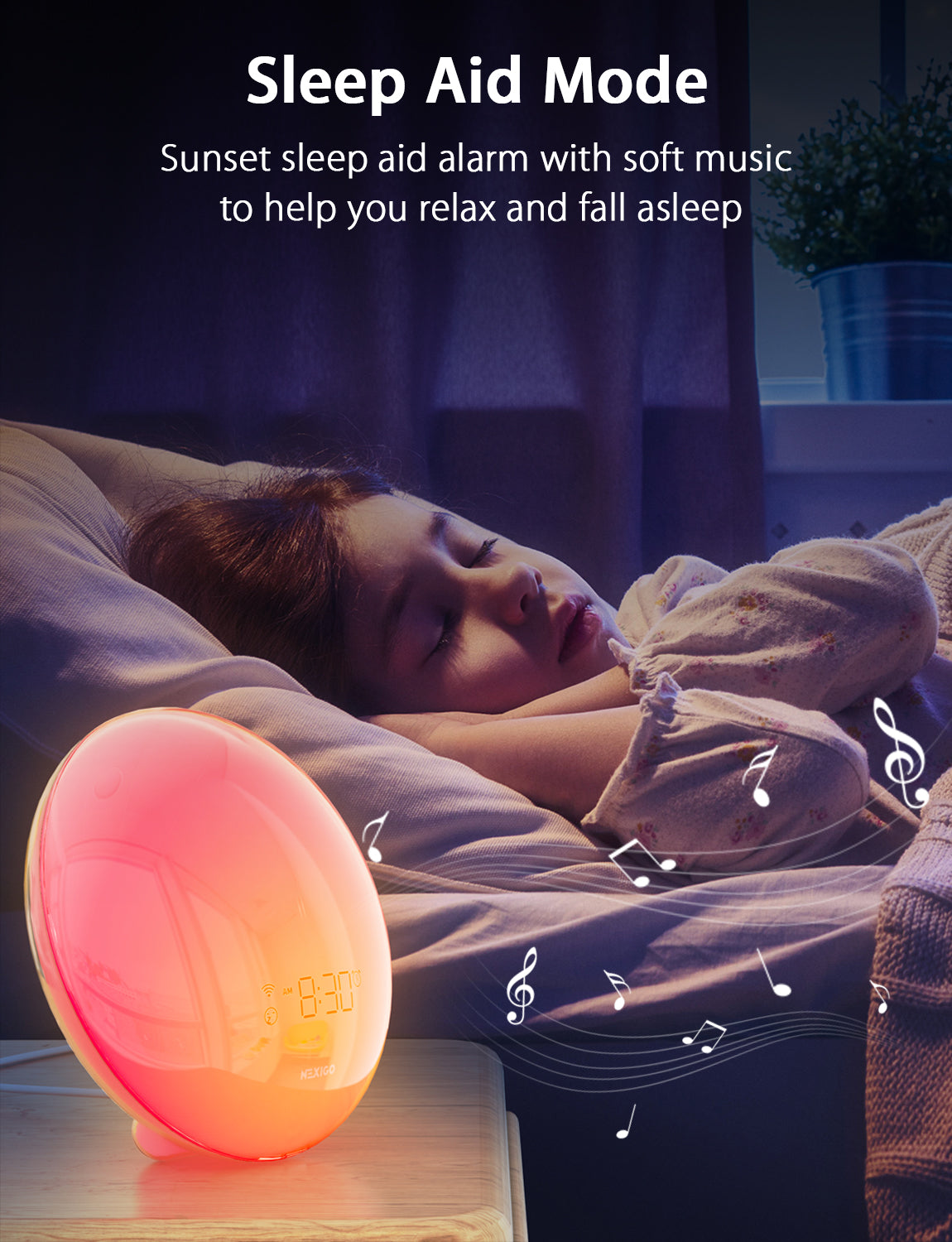 Alarm clock with Sleep Aid Mode plays soothing music to assist with sleep.