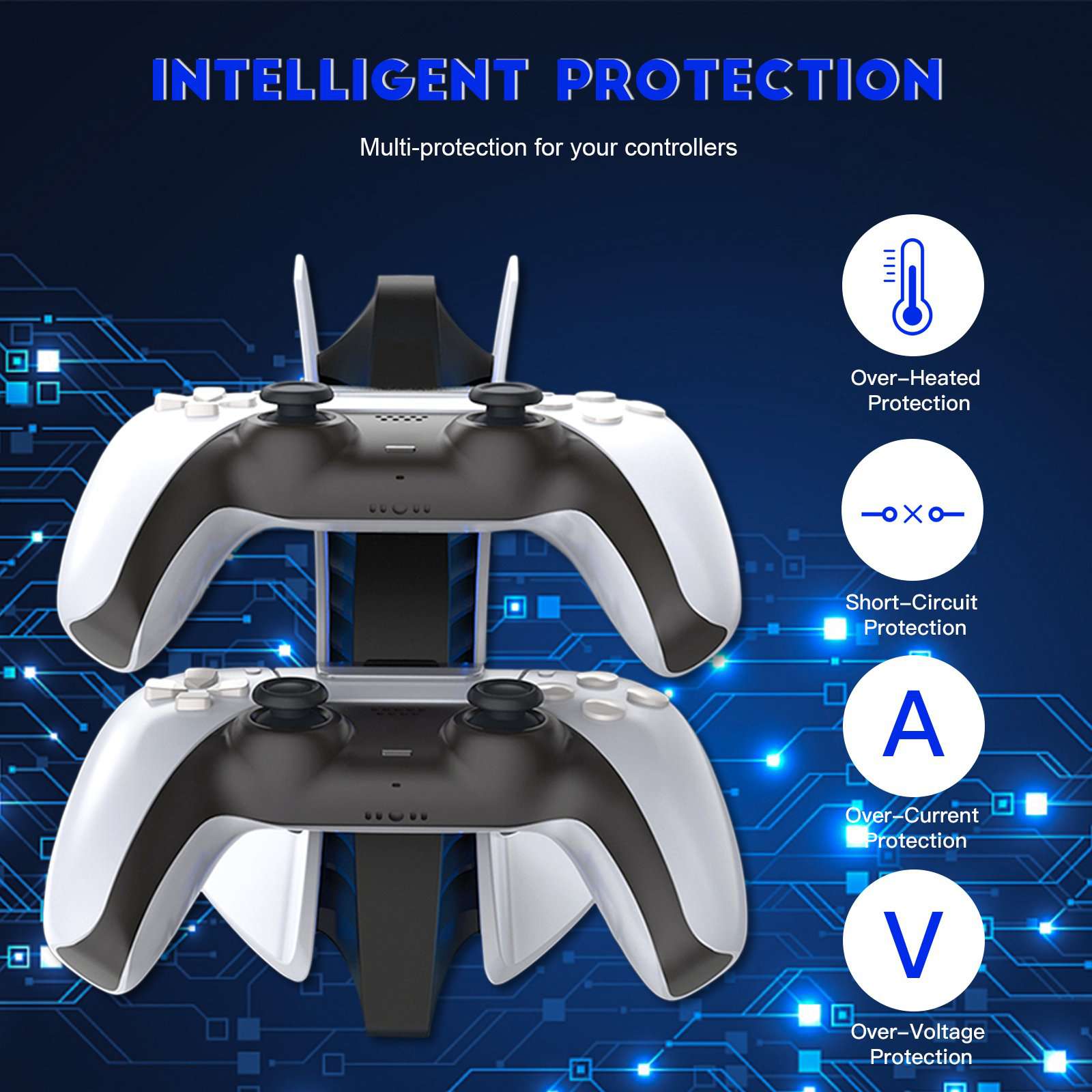 Charging dock with protection against overheating, short-circuits, over-current, and over-voltage