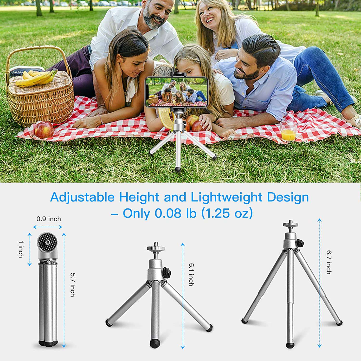 Family using lightweight tripod for phone photography, adjustable from 5.1'' to 6.7'', weight 0.08lb