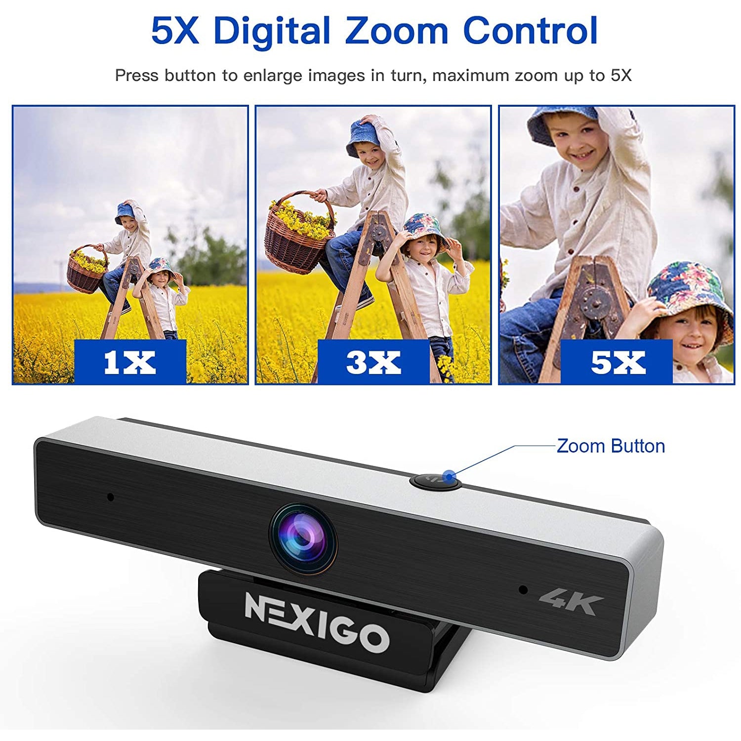 The webcam has a zoom button on the top, supporting up to 5x magnification.
