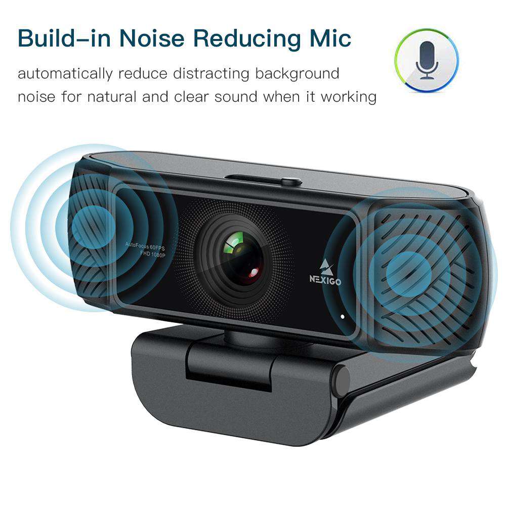 Webcam features built-in noise-canceling microphone, automatically reducing background noise.