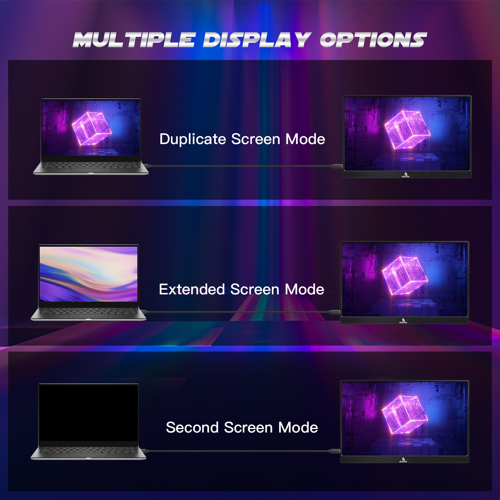 Portable monitor supports Duplicate, Extended, and Second Screen modes with laptops