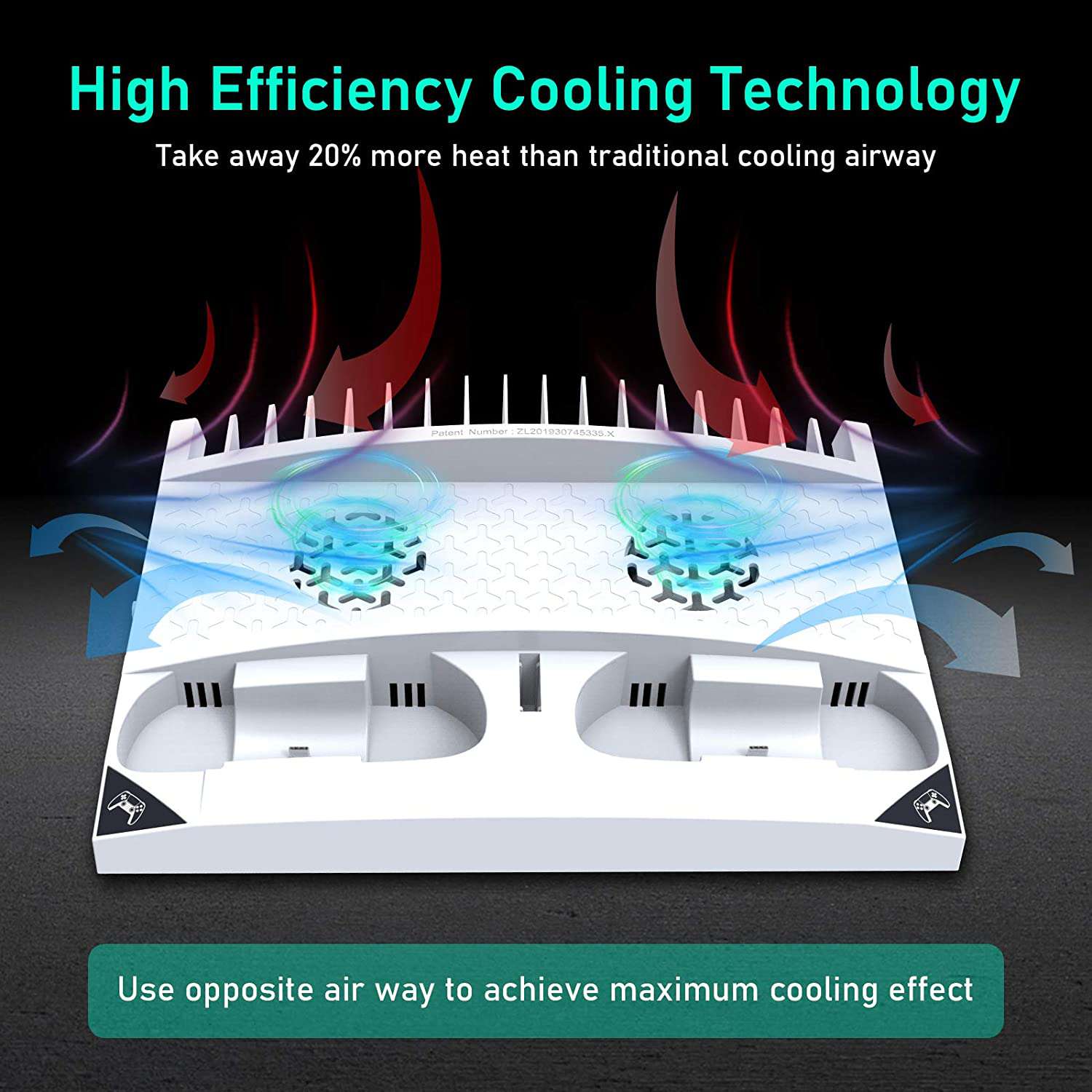 White PS5 charging dock with built-in dual fans expelling hot air.