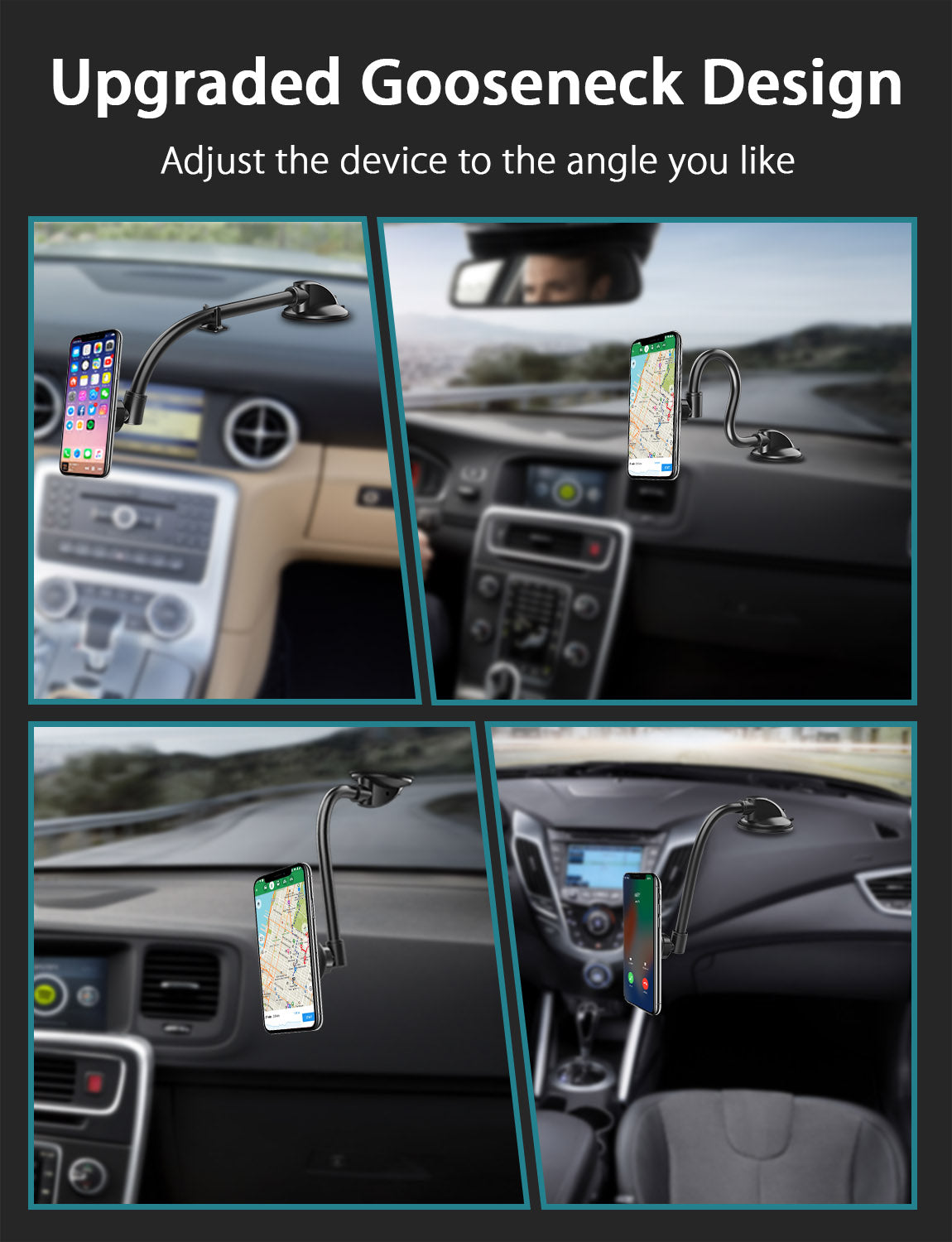 Flexible long arm for adjustable mount orientation. Shows various mounting positions and angles.