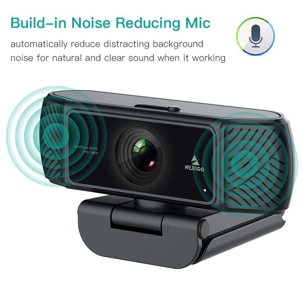 Webcam features a built-in noise-canceling microphone, automatically reducing background noise.
