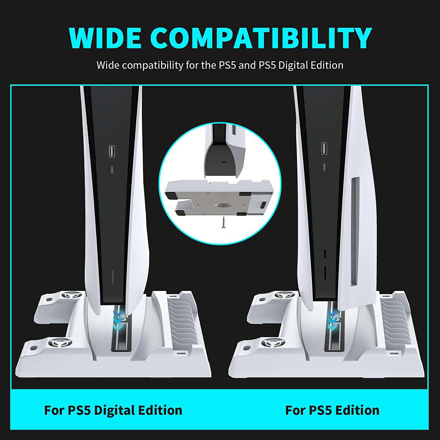 PS5 Vertical Stand compatible with PS5 Disc & Digital Editions.