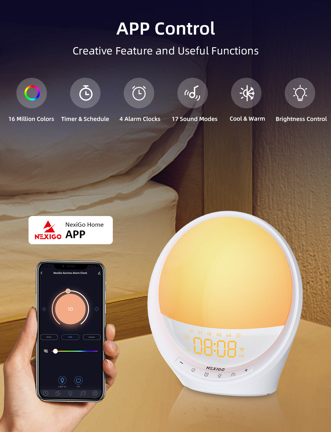The NexiGo Home APP offers you advanced control over your Sunrise Alarm Clock.