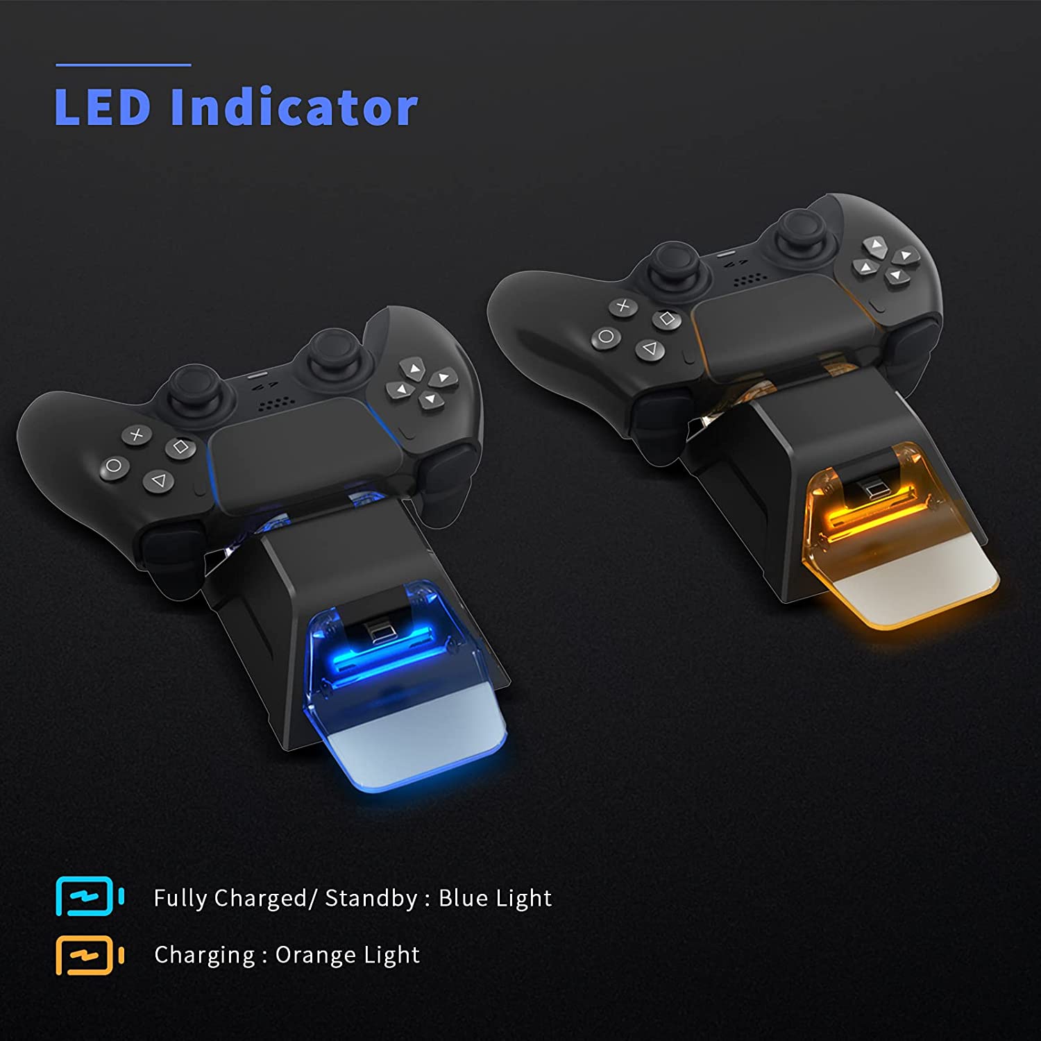 LED indicators show charging status instantly: orange for charging in progress, blue for ready/full.