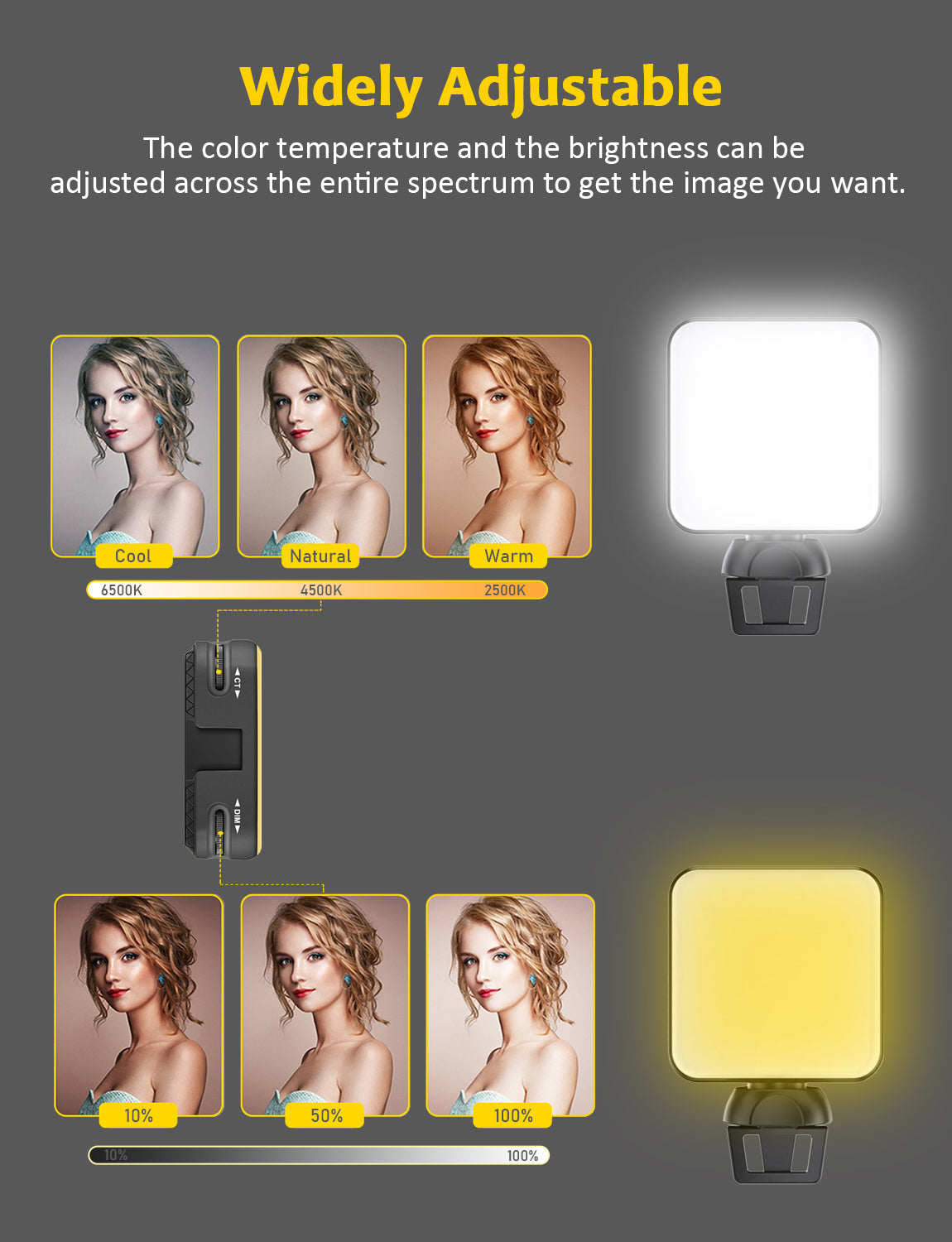 Features stepless adjustable brightness and a different color from warm to cold or between.