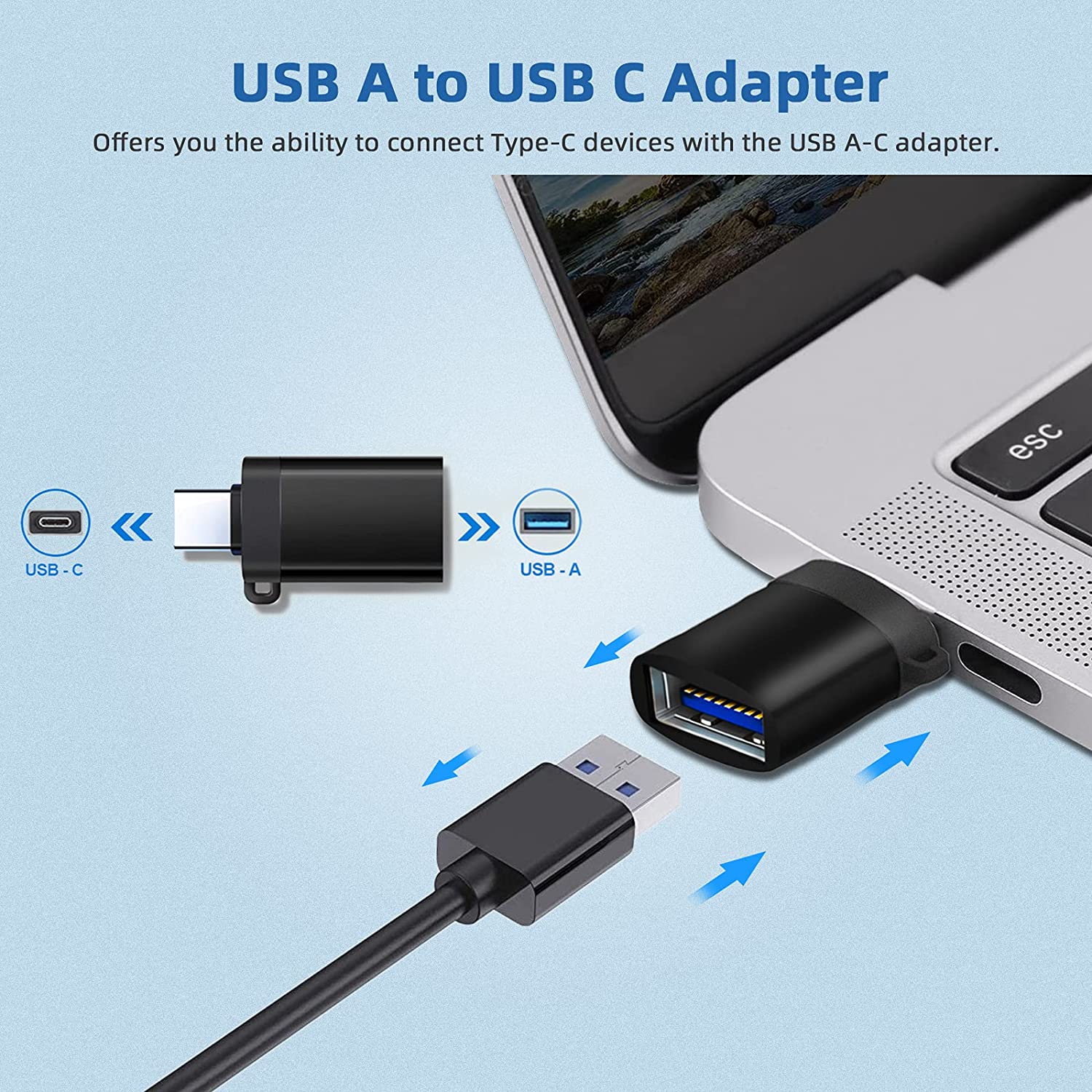 The webcam comes with a USB A-to-USB C adapter, allowing you to connect the USB-A to USB-C port on your computer.