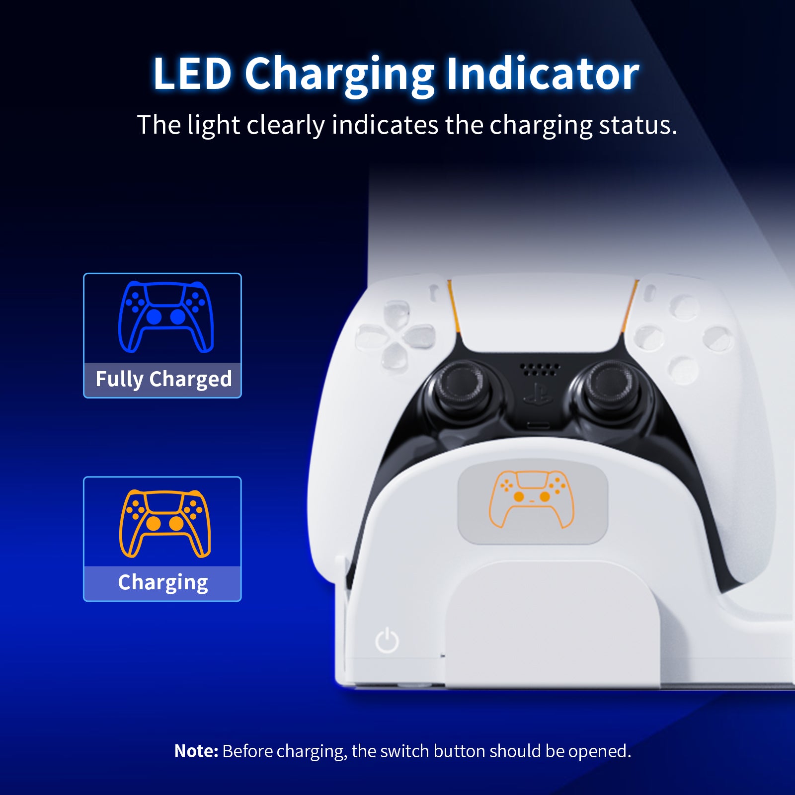 When charging, the indicator light turns blue when the controller is fully charged, and orange when it's charging.