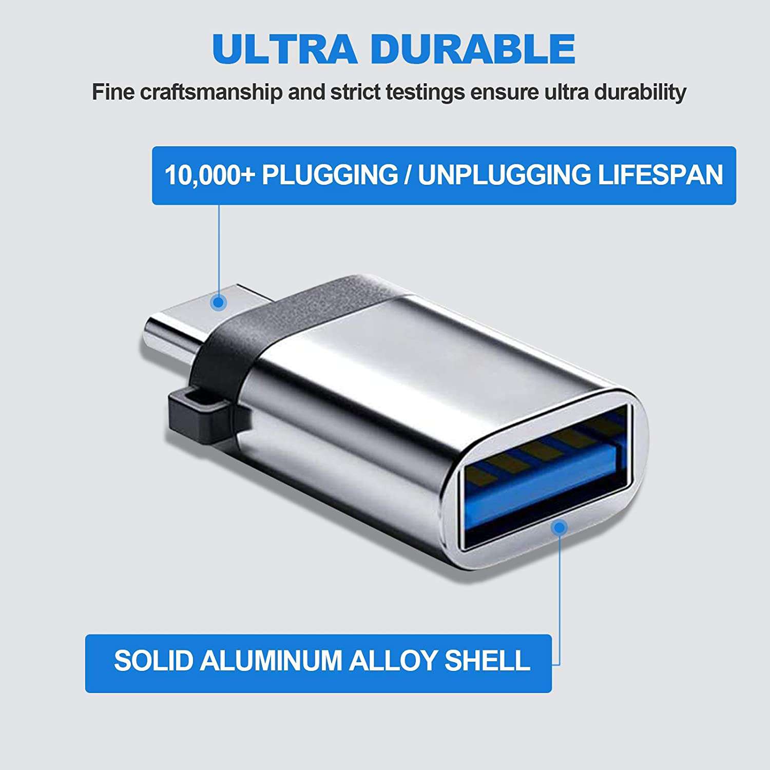 Adapter with durable aluminum alloy housing, supports over 10,000 insertions