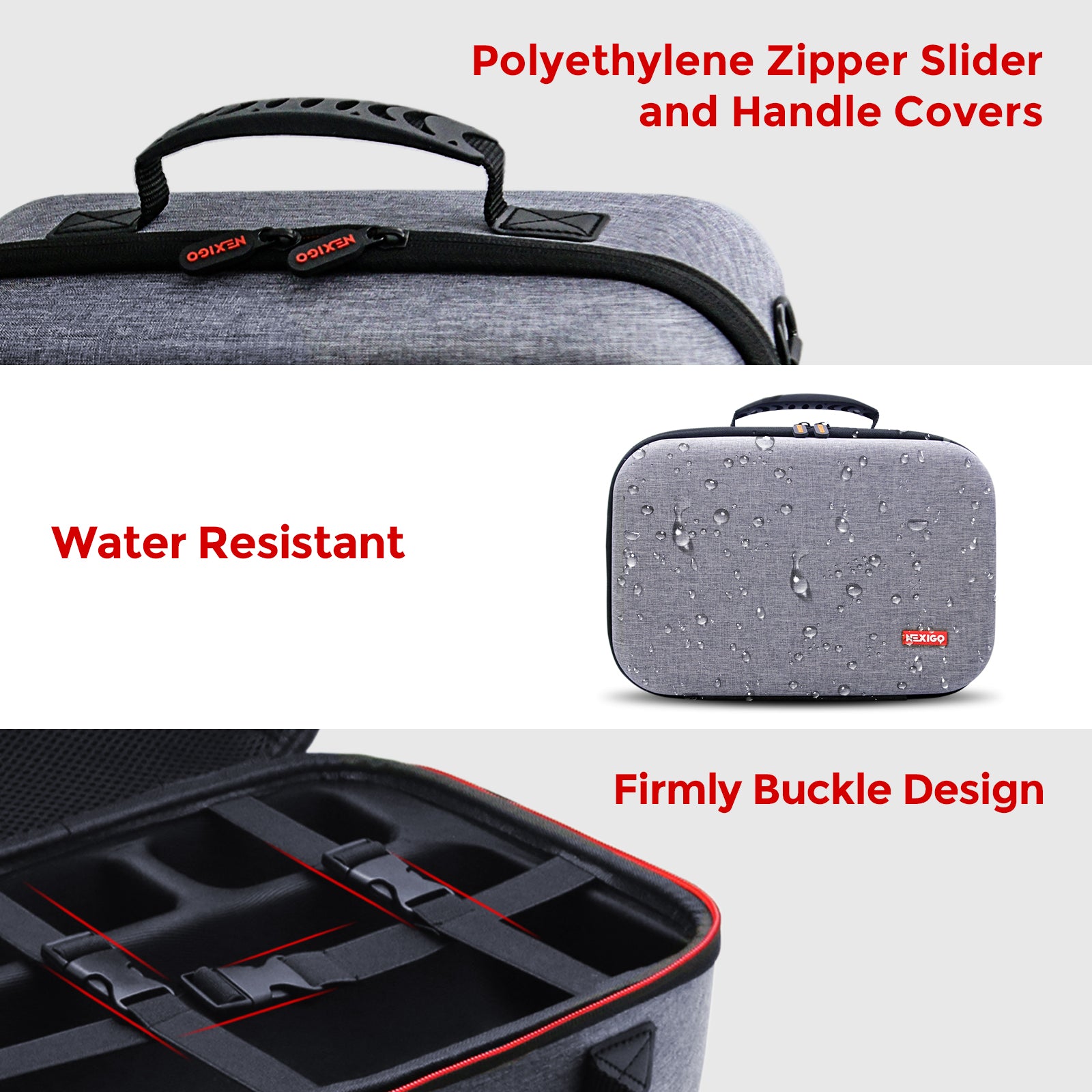 The carrying case features a polyethylene zipper slide, buckle design, handle, and is water-proof.
