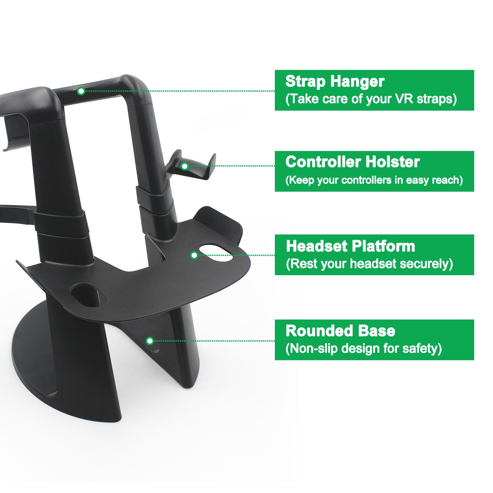 Stand has headband support, VR controller support, head-mounted platform, and circular base.