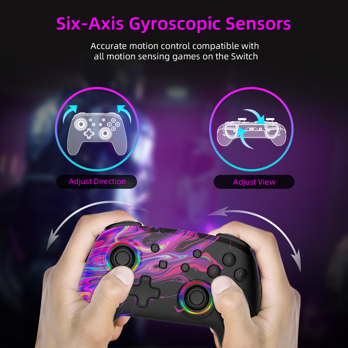 The model in the image achieves precise motion control by shaking the controller. 