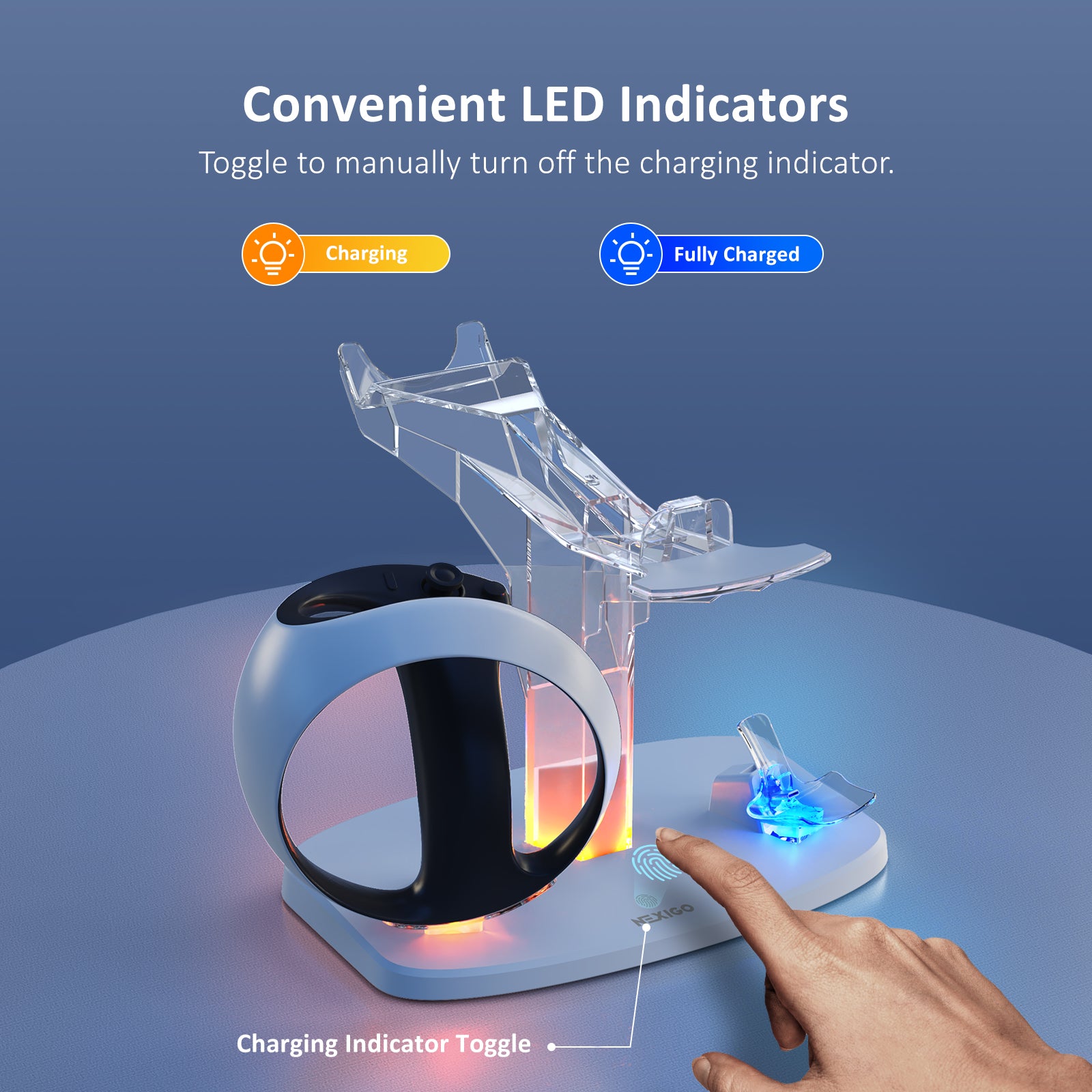LED Charging Indicators: Orange light for charging, Blue light for full charged