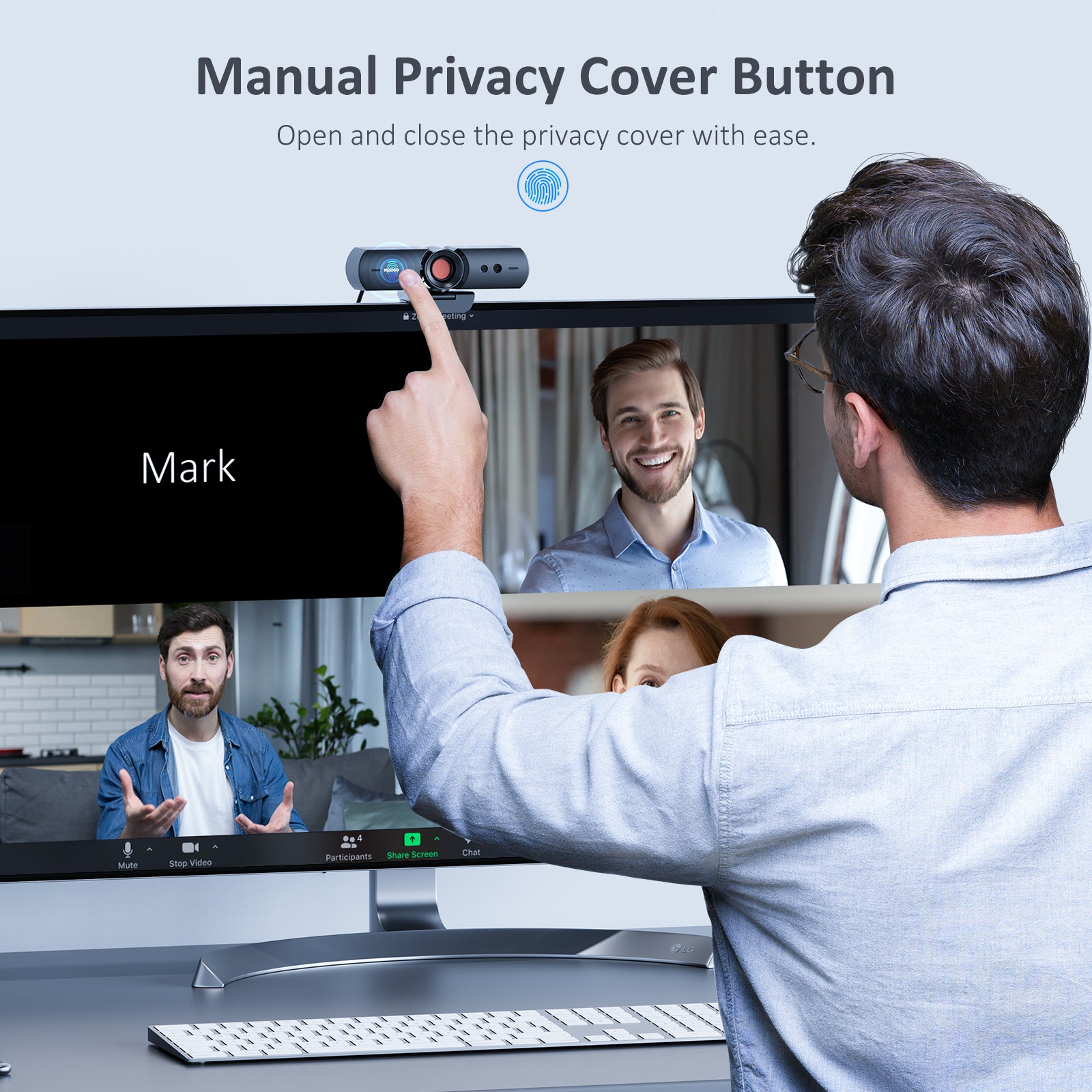 A person manually closes the N930W privacy cover during a video conference.
