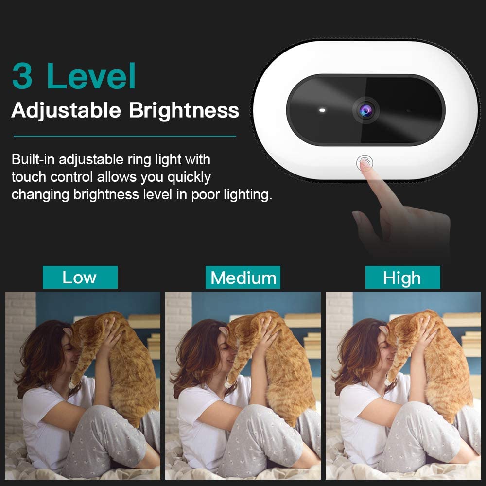 The webcam features built-in 3-level ring light with touch control (Low, Medium, High)