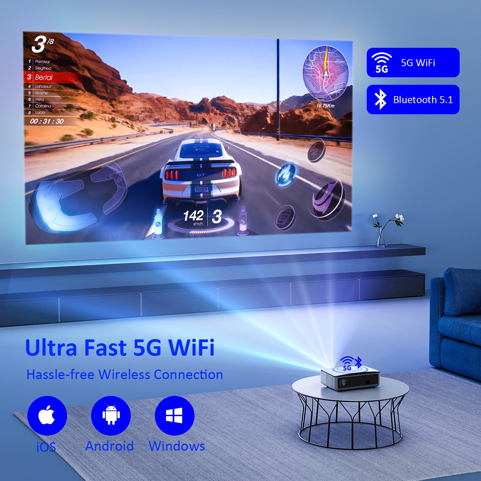 The projector supports 5G WiFi and can project the iAmge of a mobile phone onto a wall.