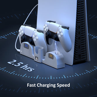 Experience fast charging of your Dualsense controller in just 2.5 hours with this dedicated charging dock.