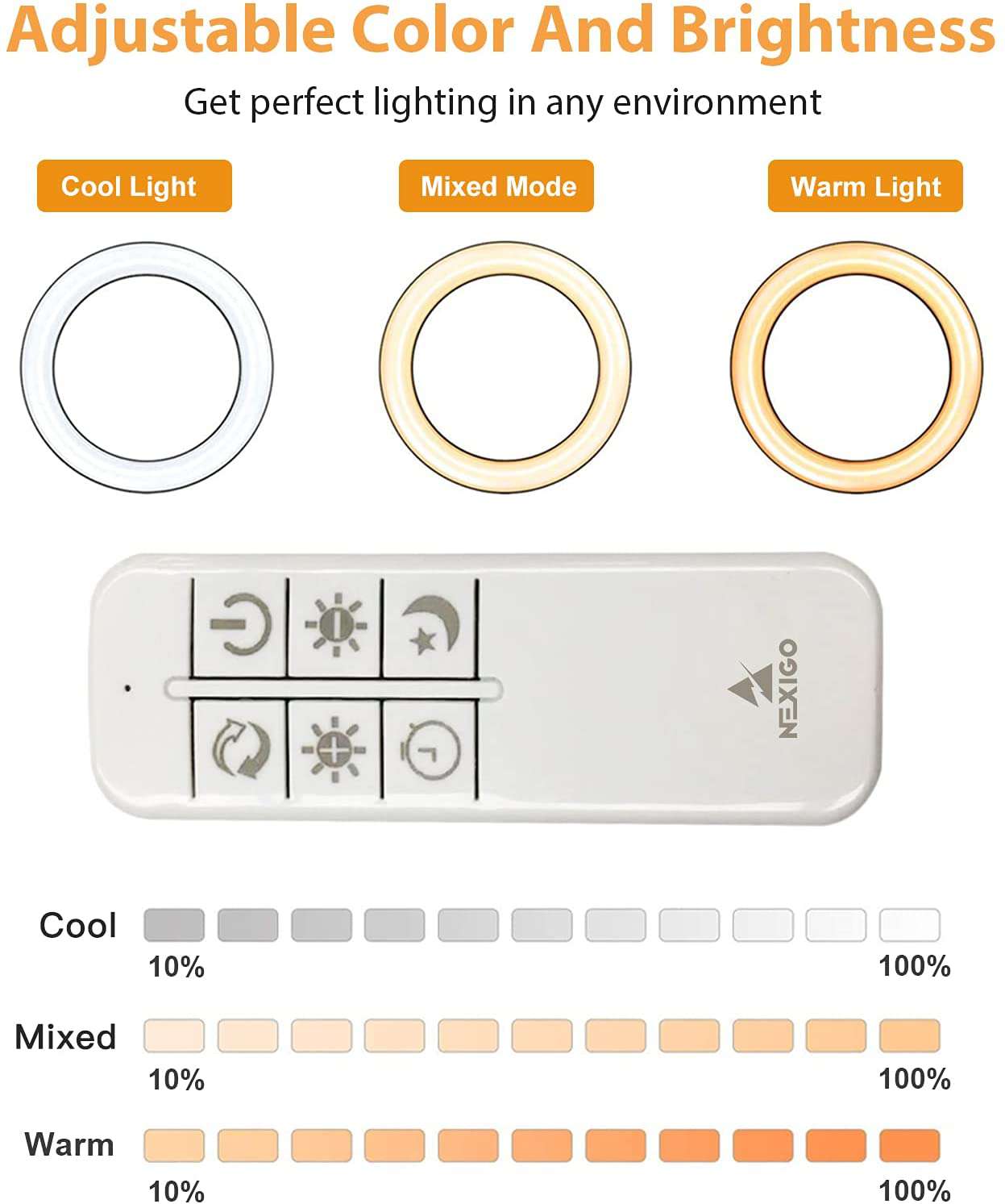 The ring light can be adjusted for color and brightness using the remote control.