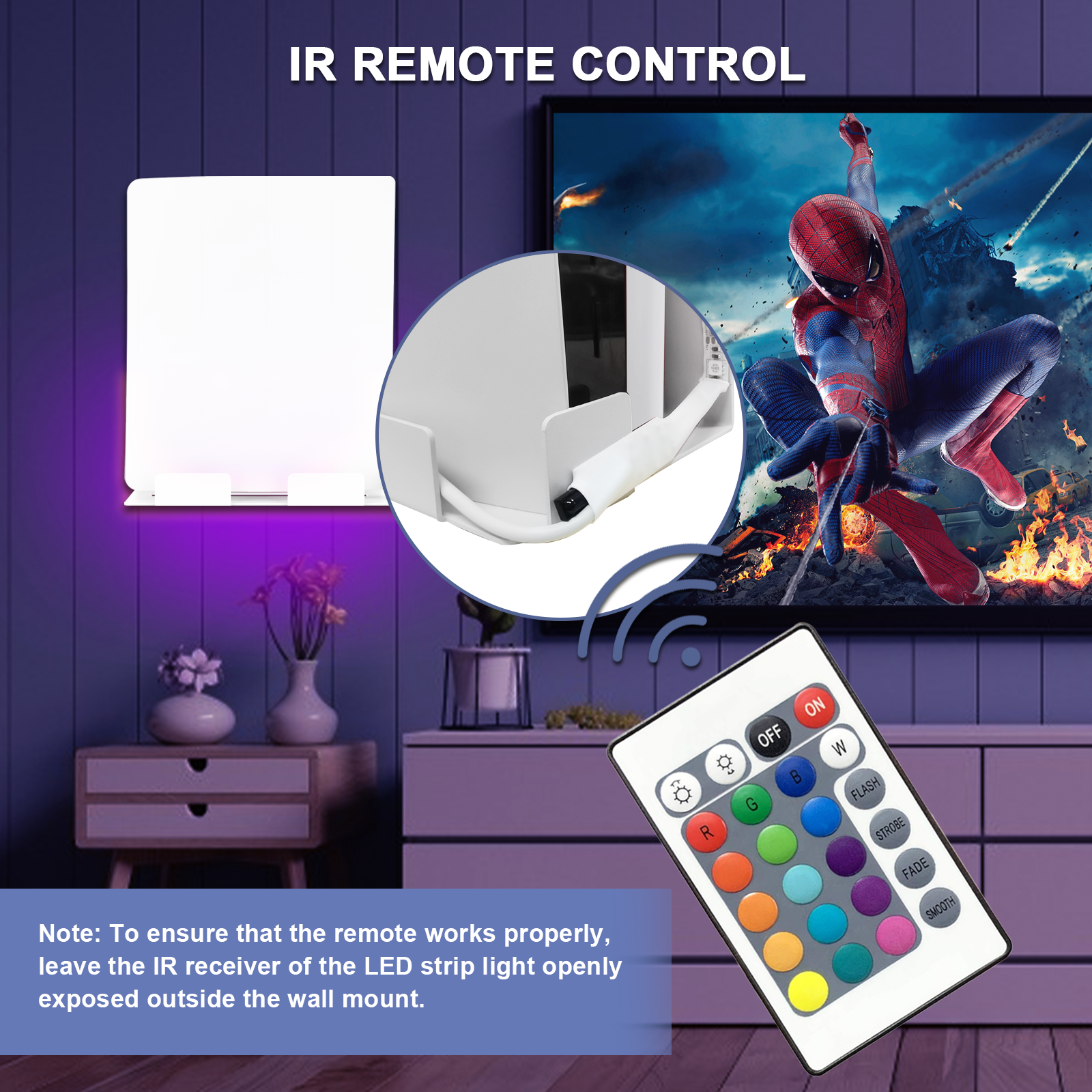 Use the included IR remote to easily adjust colors and display modes by aiming at the receiver.