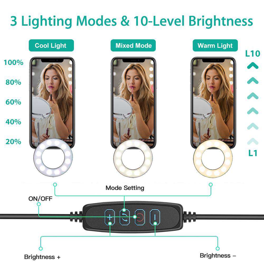 Dual ring lights with remote control for 3 lighting modes and 10-level adjustable brightness.