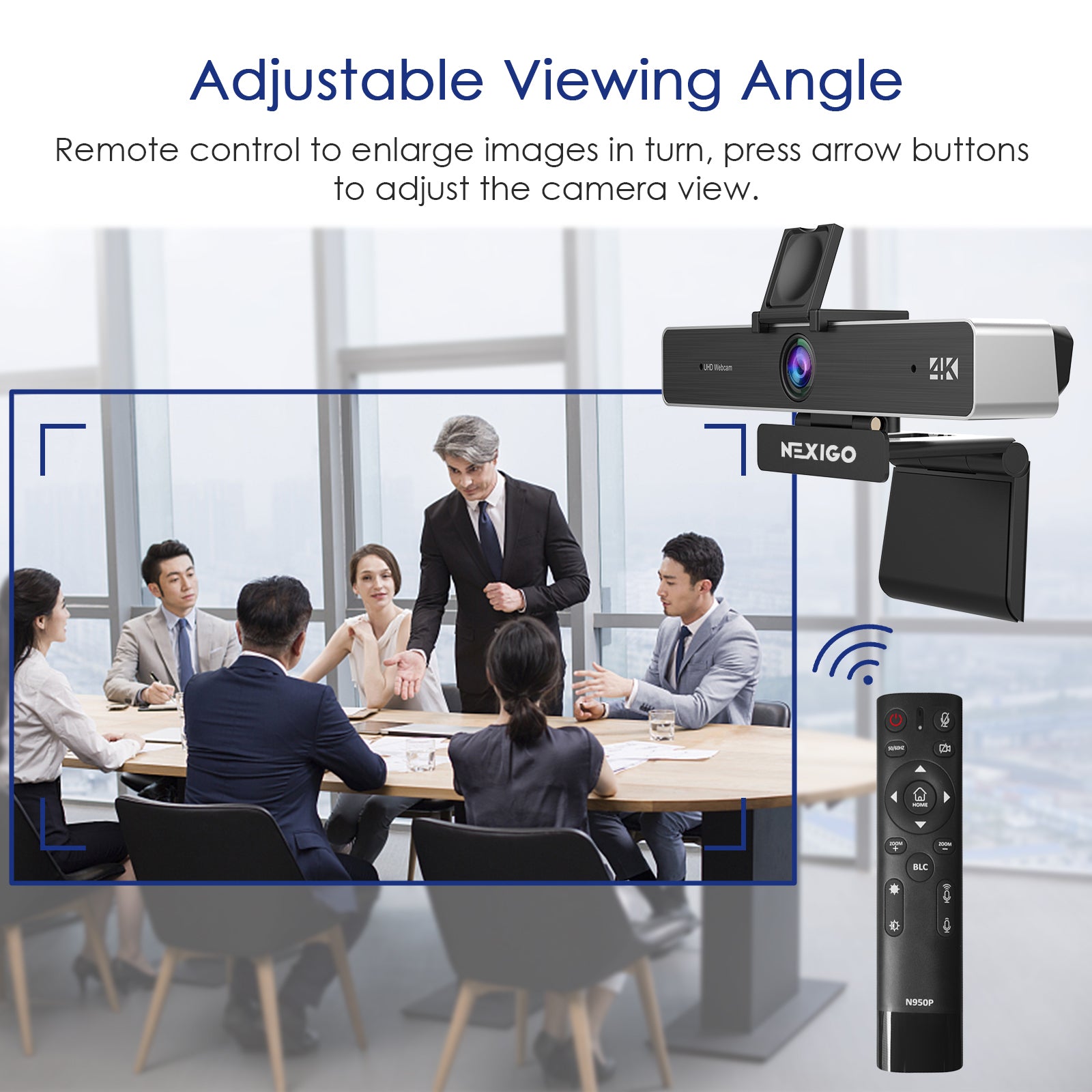Easily adjust webcam viewing angle with remote control during meetings.