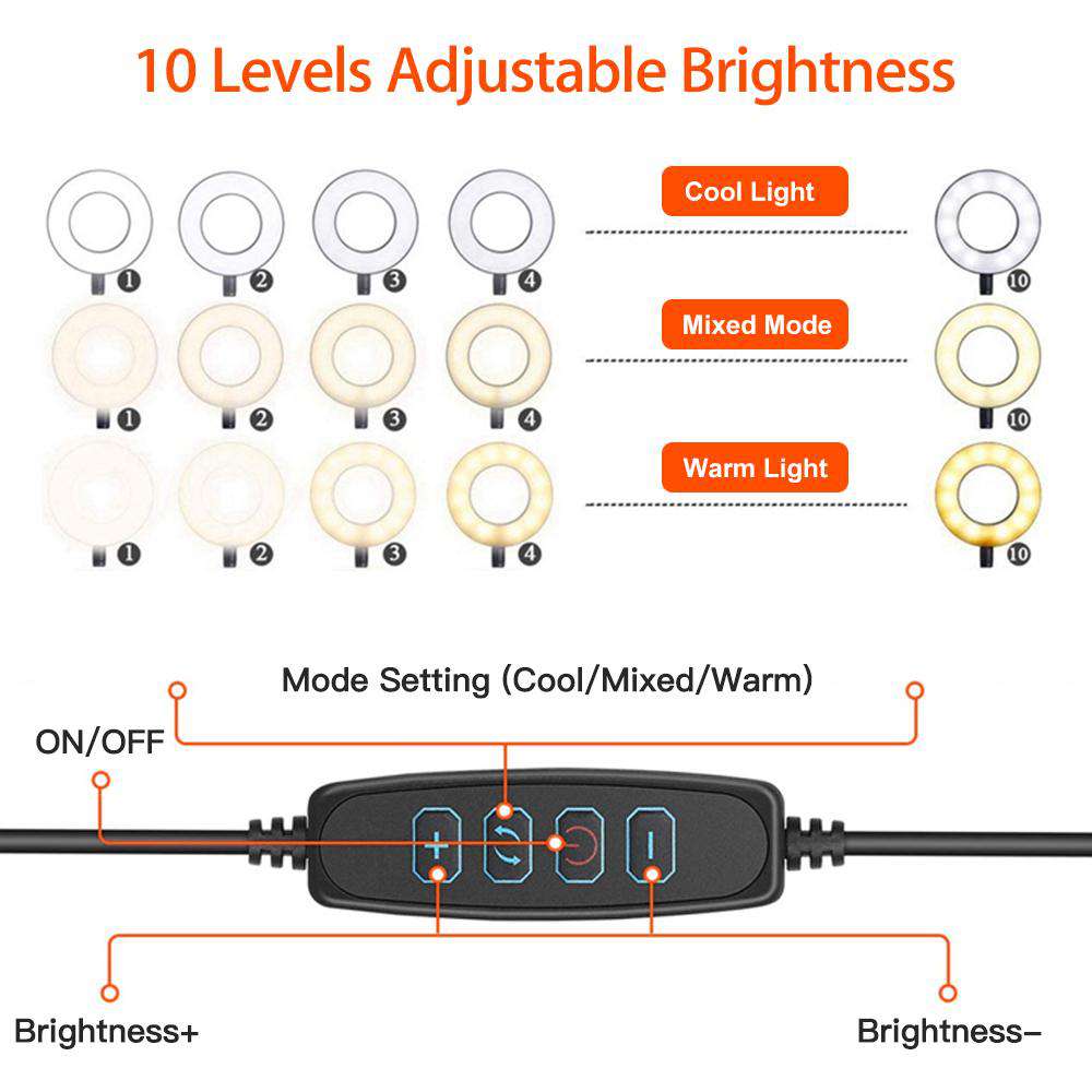 Dual ring lights with remote control for 3 lighting modes and 10-level adjustable brightness.