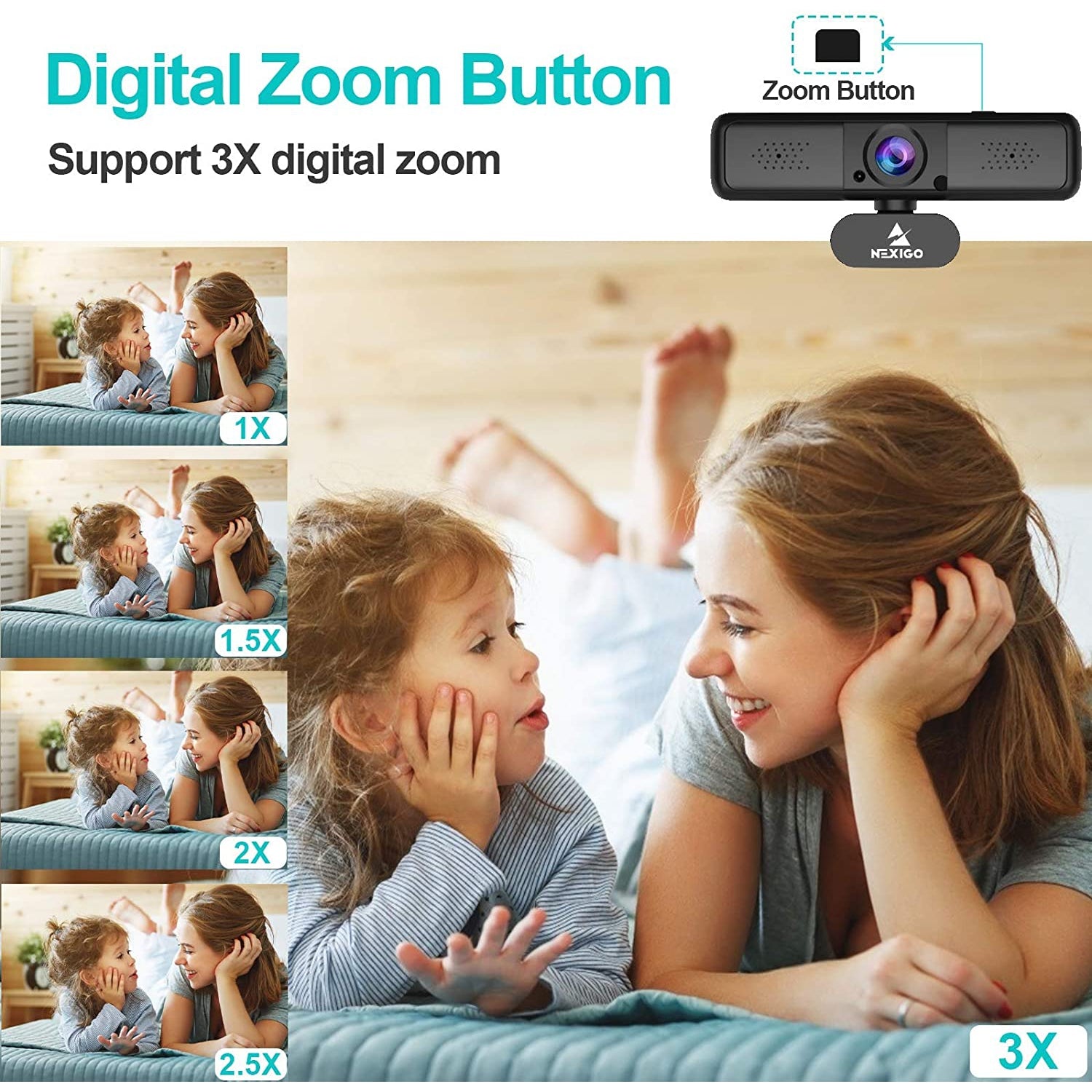 The webcam has a zoom button on the top, supporting up to 3x magnification.