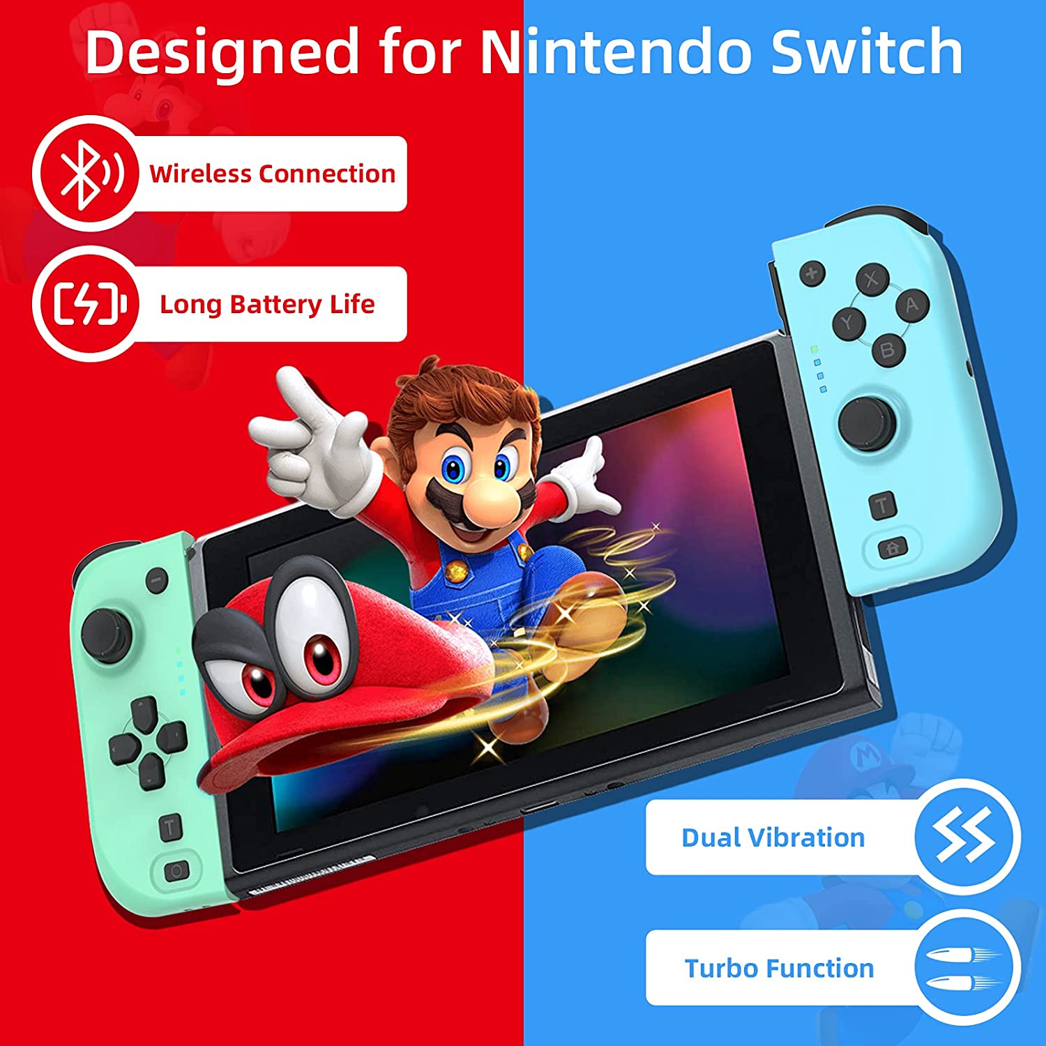 NexiGo Joy-Cons for Nintendo Switch with wireless, long battery, dual vibration, and turbo function.