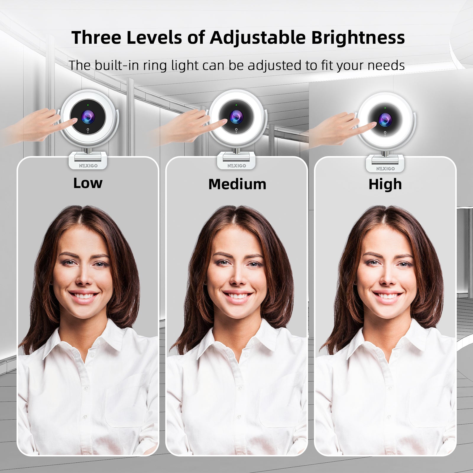 The webcam features built-in 3-level ring light with touch control (Low, Medium, High)