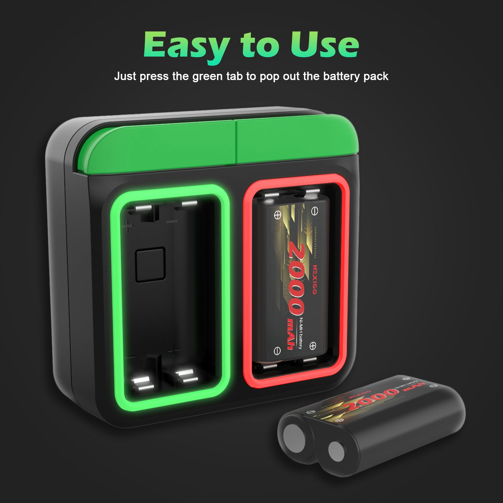 User-friendly design with two green buttons on top for easy battery pack removal.