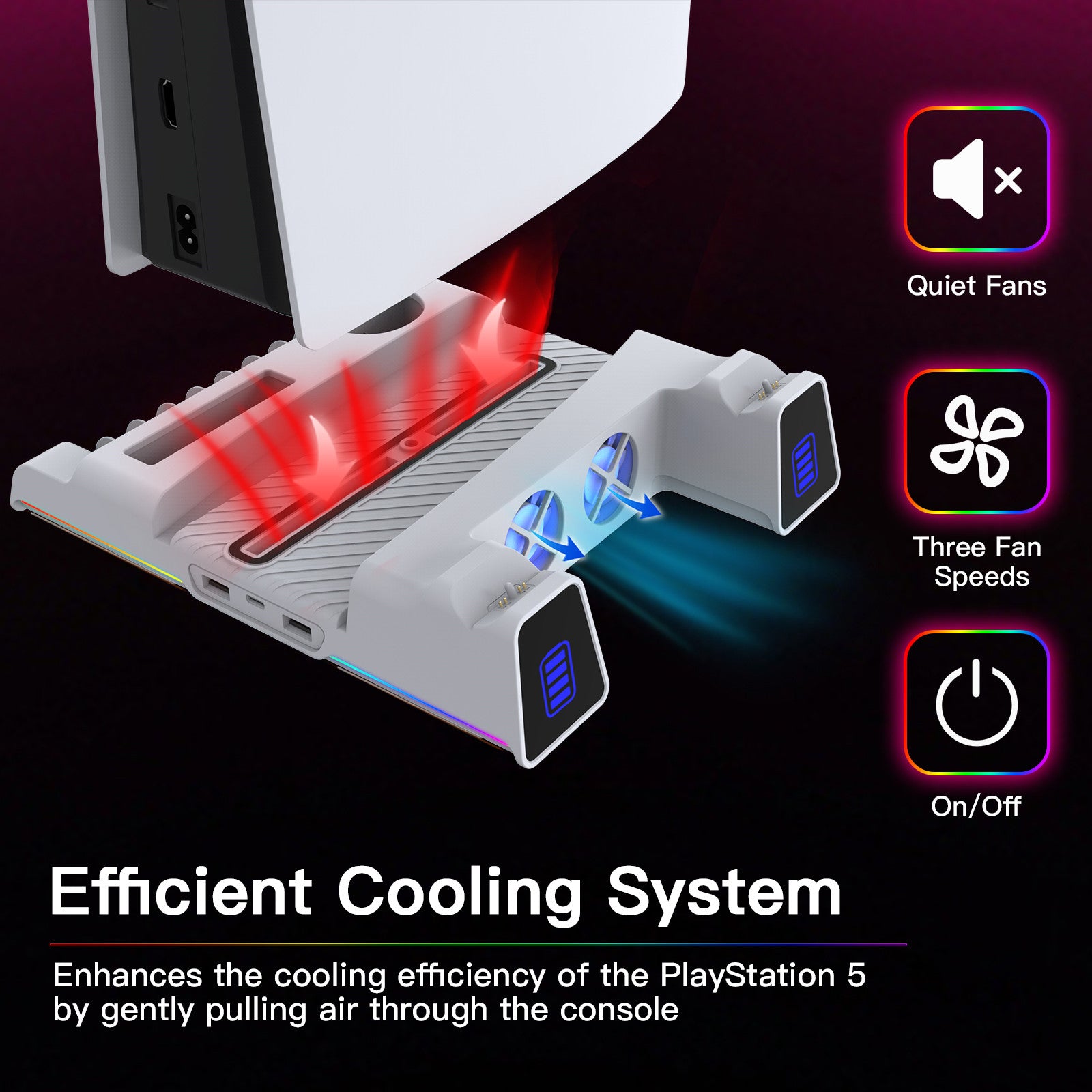 Efficient cooling system with dual fans and bottom vents, reducing console temperature.