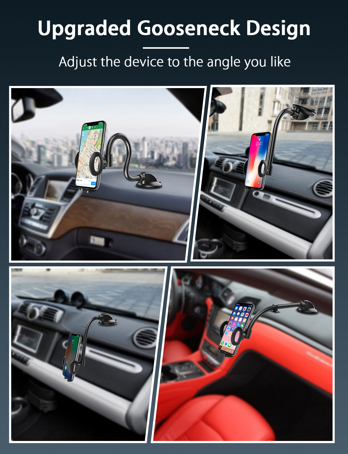 Flexible long arm for adjustable mount orientation. Shows various mounting positions and angles.