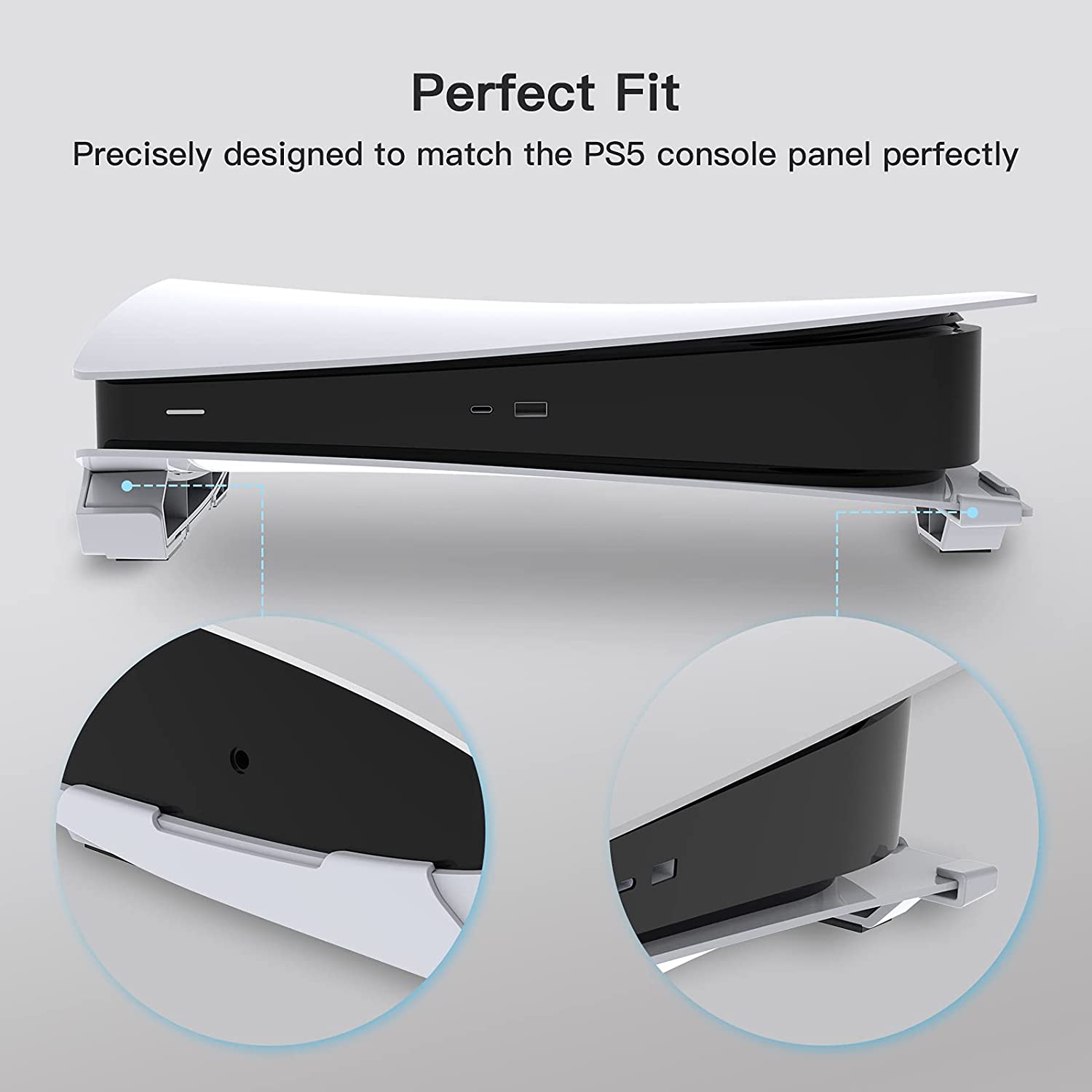 Stand compatible with PS5 Disc Edition and Digital Edition. Image shows both versions. 