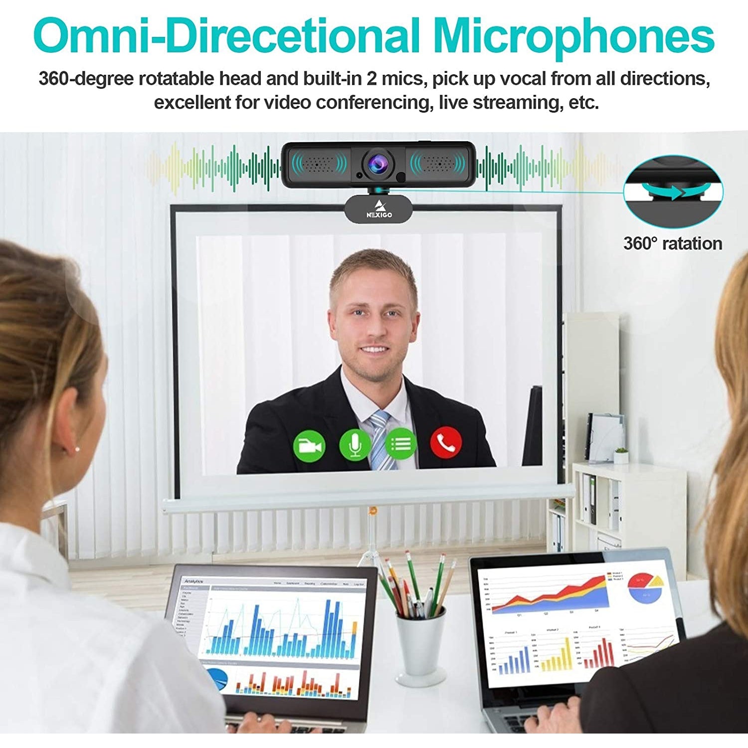 Dual-mic webcam with auto noise reduction, 360 degree rotation for video meetings.