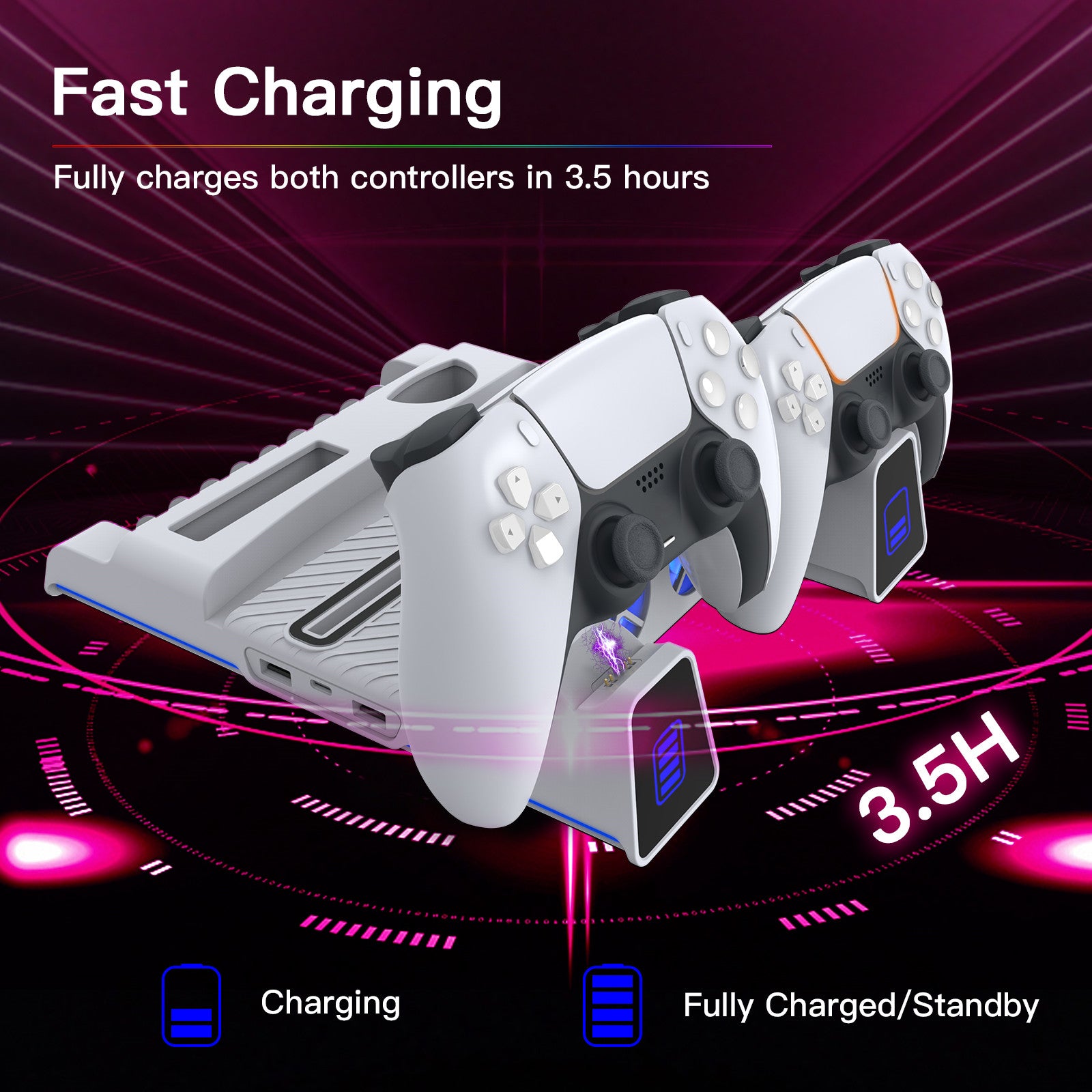 Two DualSense controllers are fully charged in 3.5 hours. RGB strip shows steady blue when full.