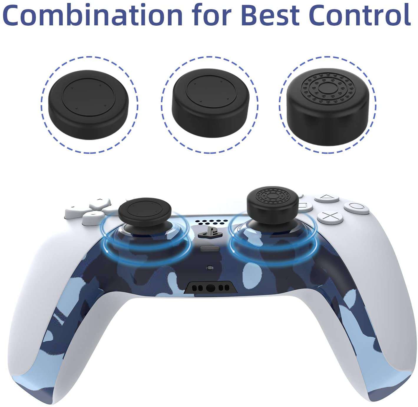 The three pairs of joystick caps can be interchanged with the PS5 controller.