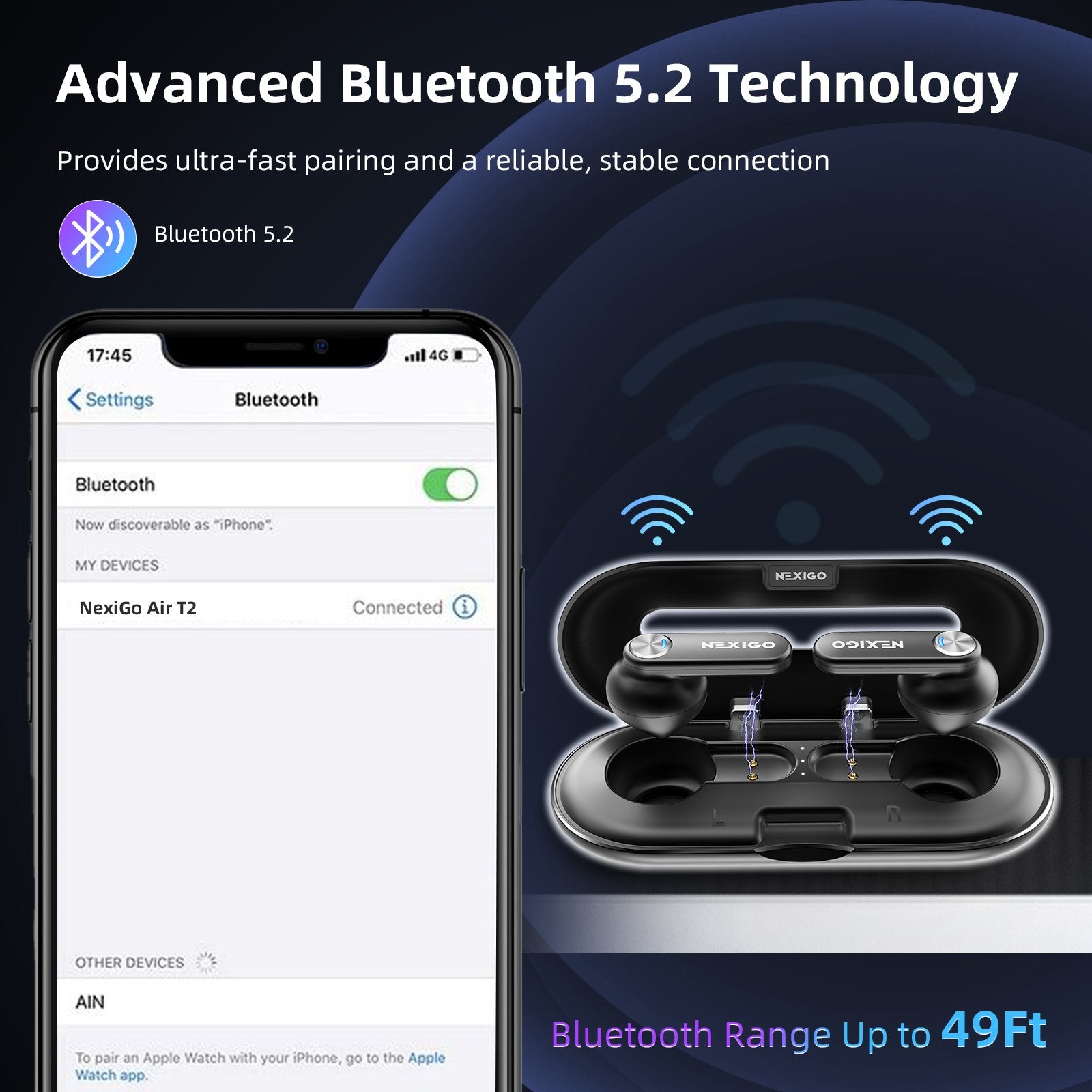 The T2 earphones connect to the phone via Bluetooth 5.2 within 49ft for a fast, stable connection. 