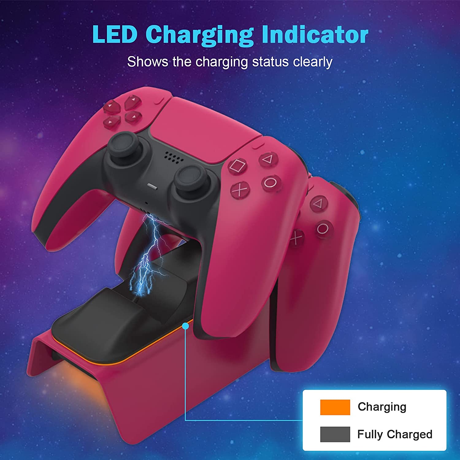 Clear LED indicators for charging status: Orange for charging, Off when fully charged.