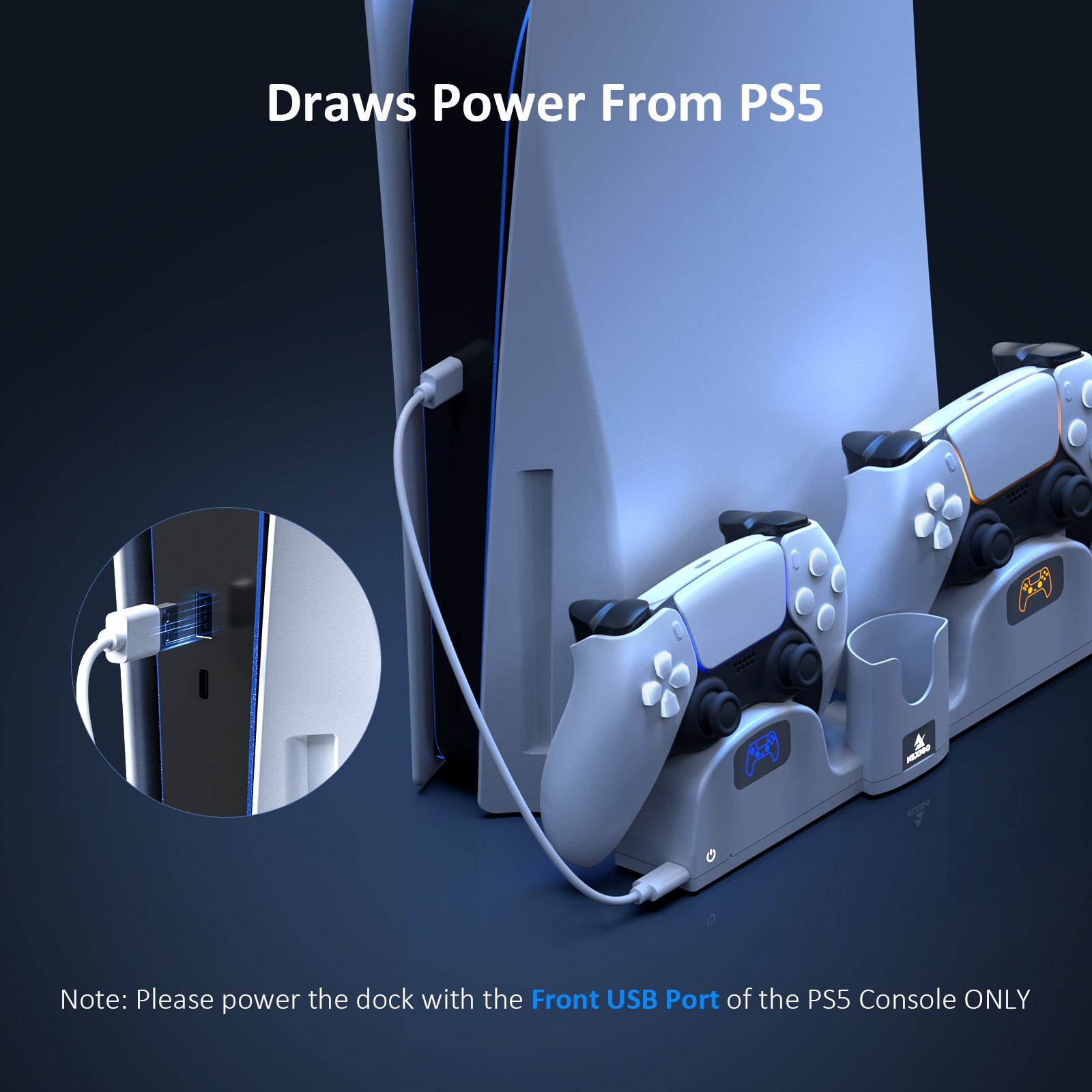 Power up your controllers effortlessly by connecting the dock to the front USB port of your PS5 console.