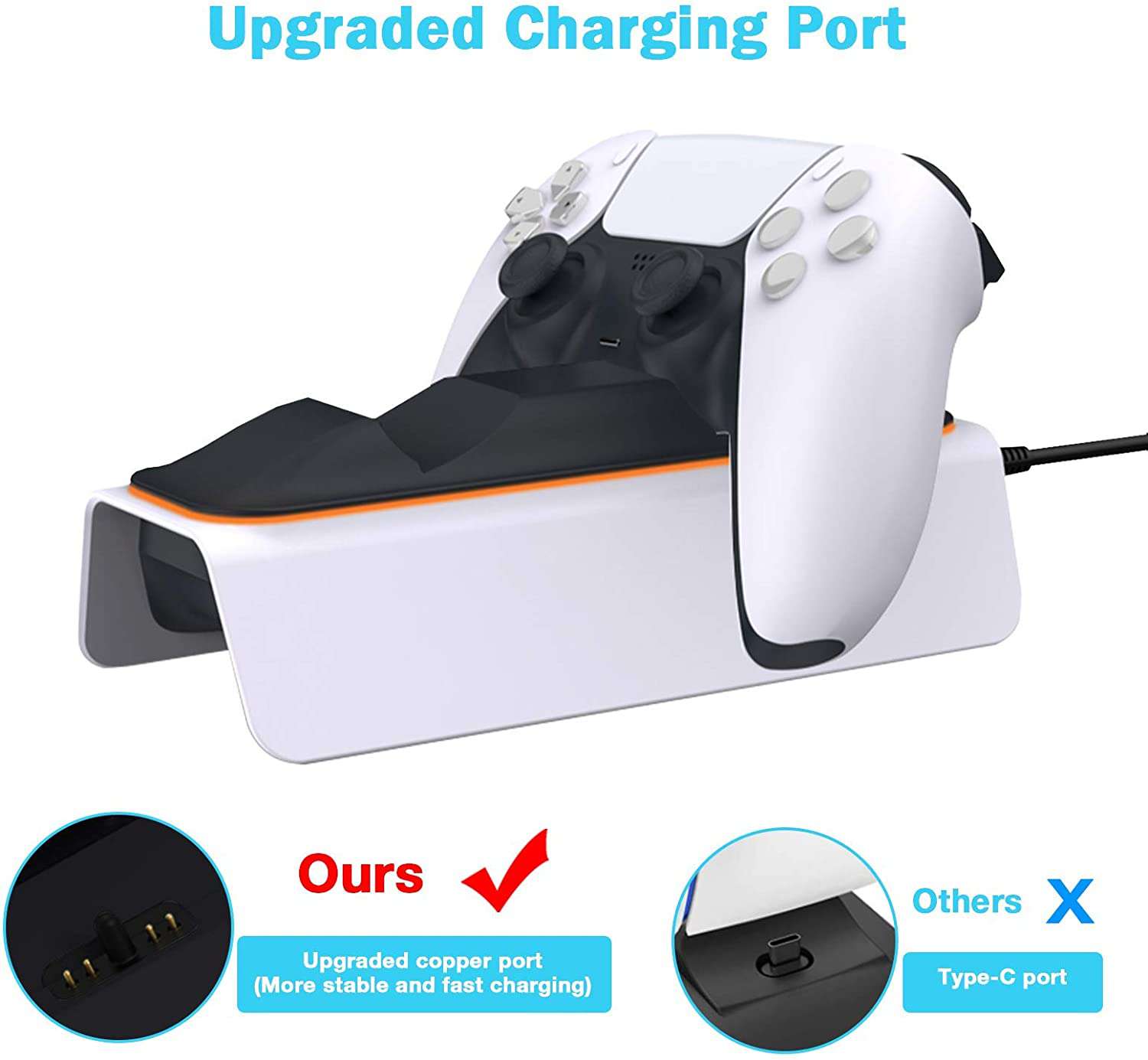 Charging station features an upgraded copper port for stable and fast charging, not a Type-C port.