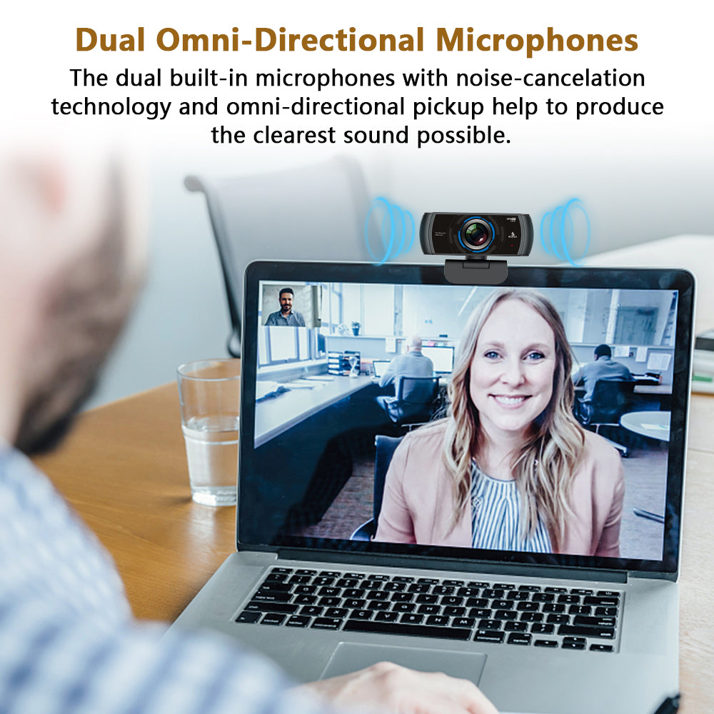 Dual-microphone webcam for video calls, providing noise reduction and omnidirectional audio capture